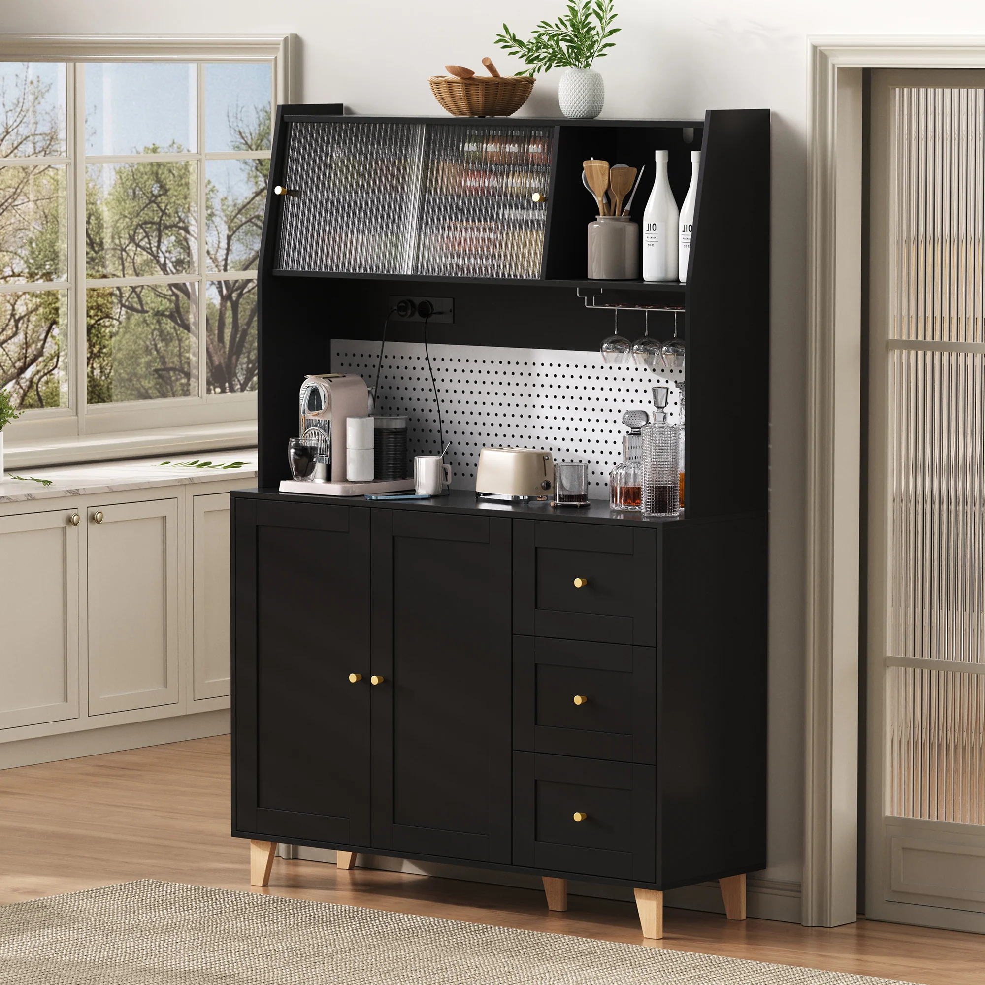 Tall Cabinet Pegboard Wine Storage Drawers & Sockets - Black - Image 4