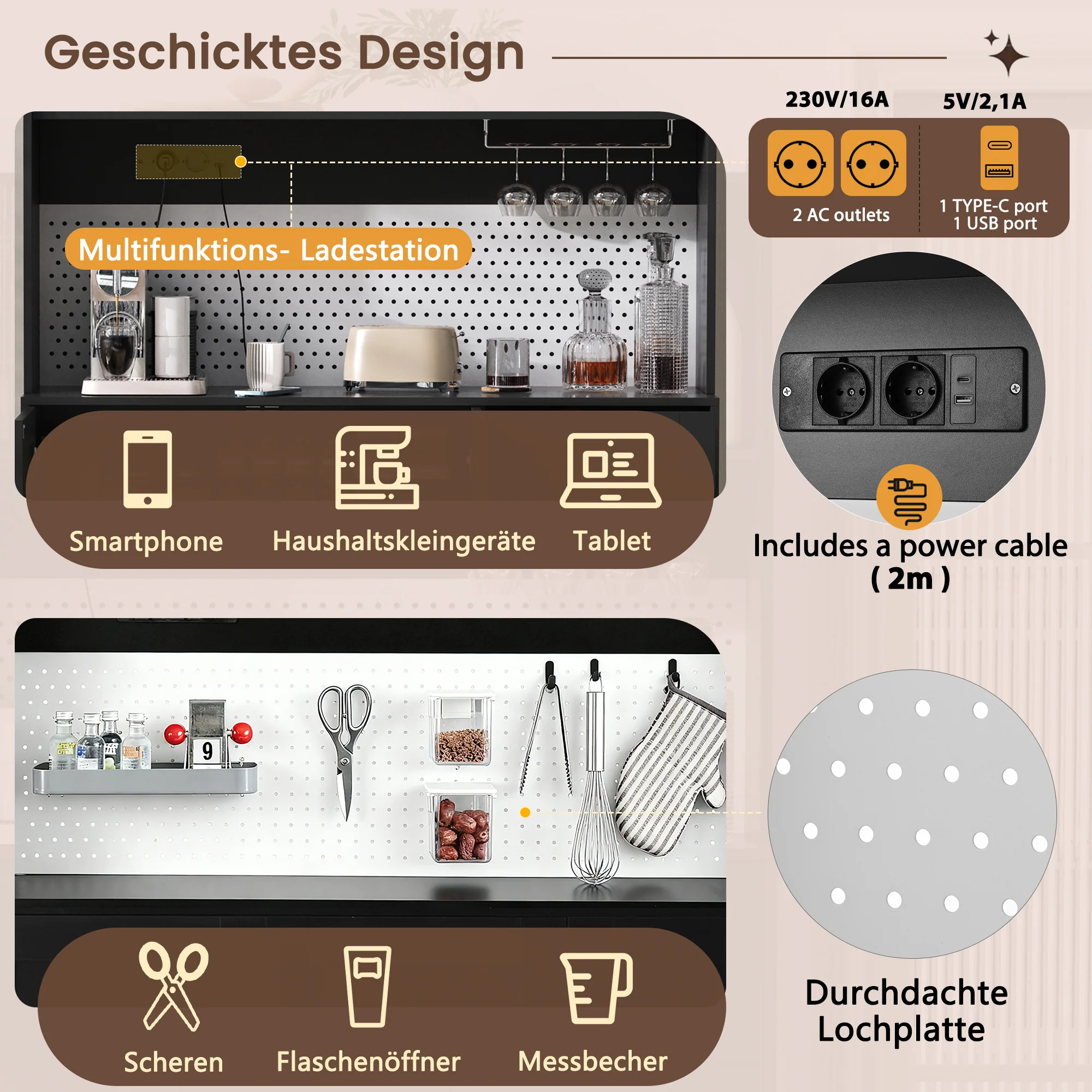 Tall Cabinet Pegboard Wine Storage Drawers & Sockets - Black - Image 7