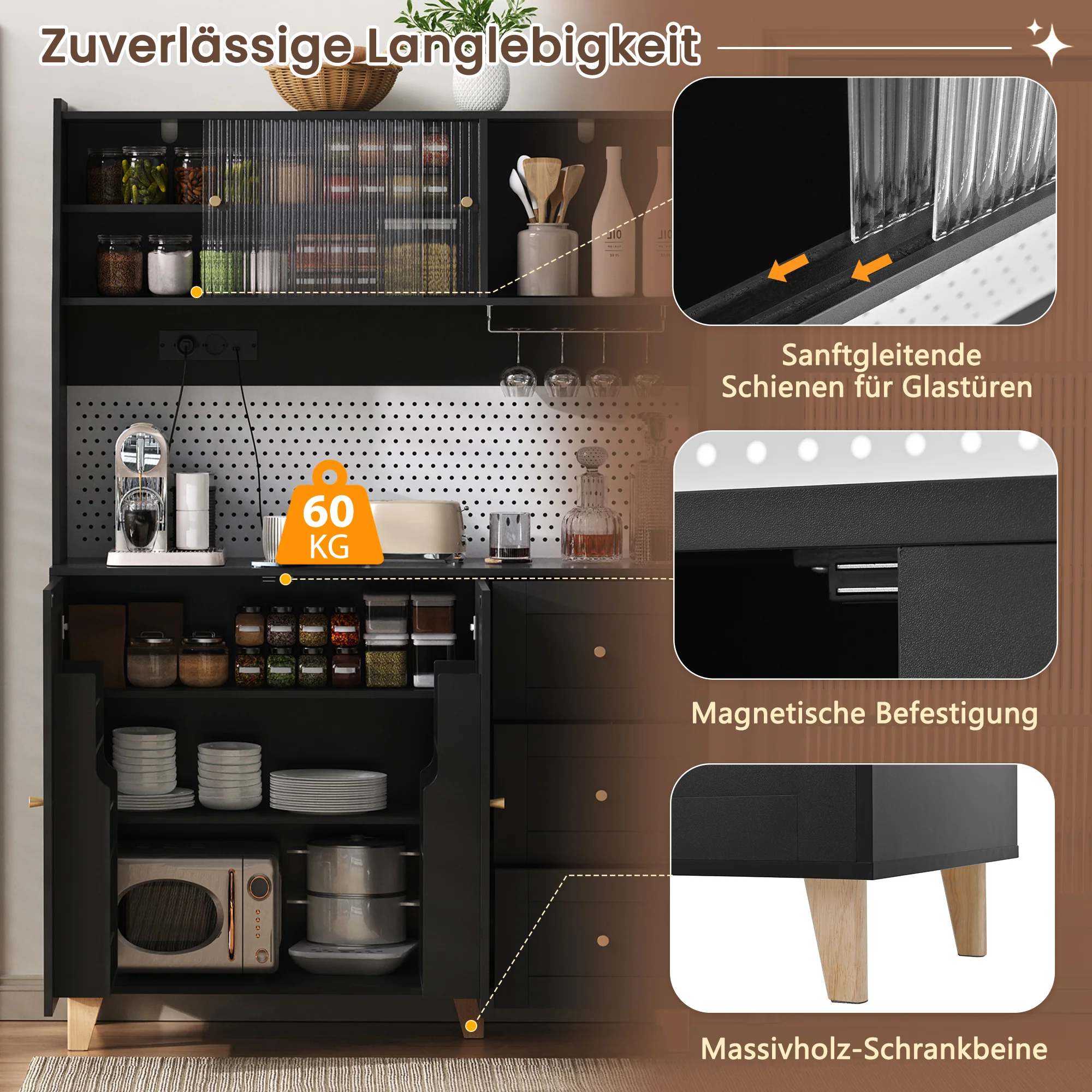 Tall Cabinet Pegboard Wine Storage Drawers & Sockets - Black - Image 9
