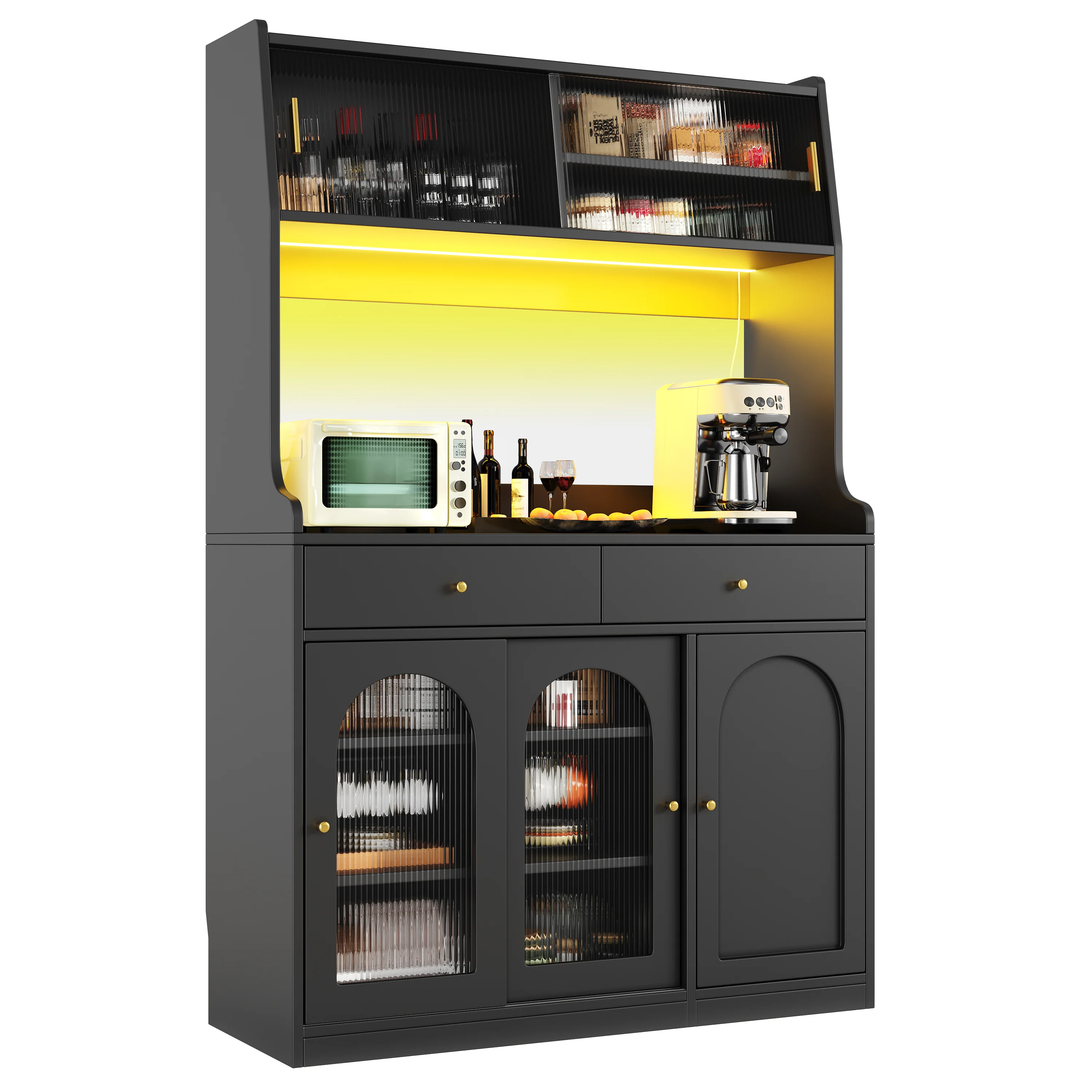Tall Cabinet Sideboard with LED Adjustable Shelves & 2 Drawers - Black - Image 8