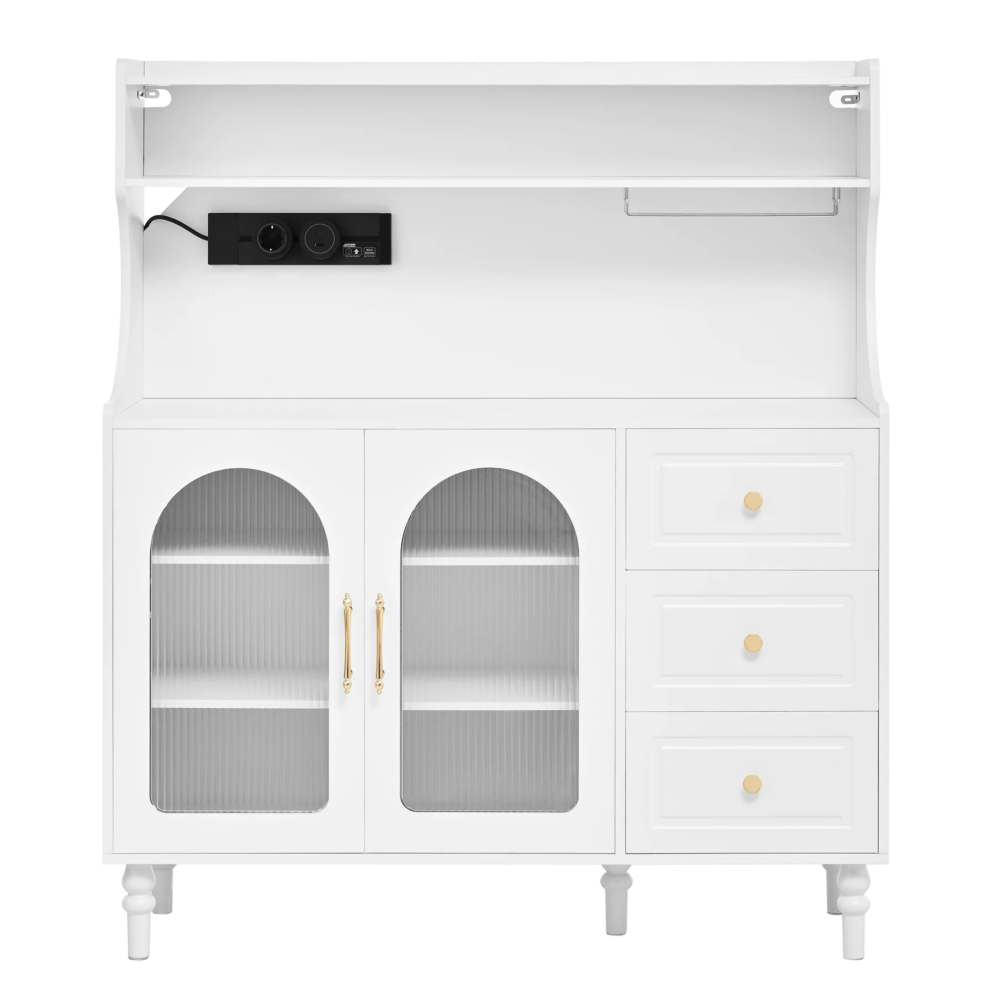 Tall Cabinet with Sockets, Drawers, Wine Glass Holders & Adjustable Shelves - White - Image 10