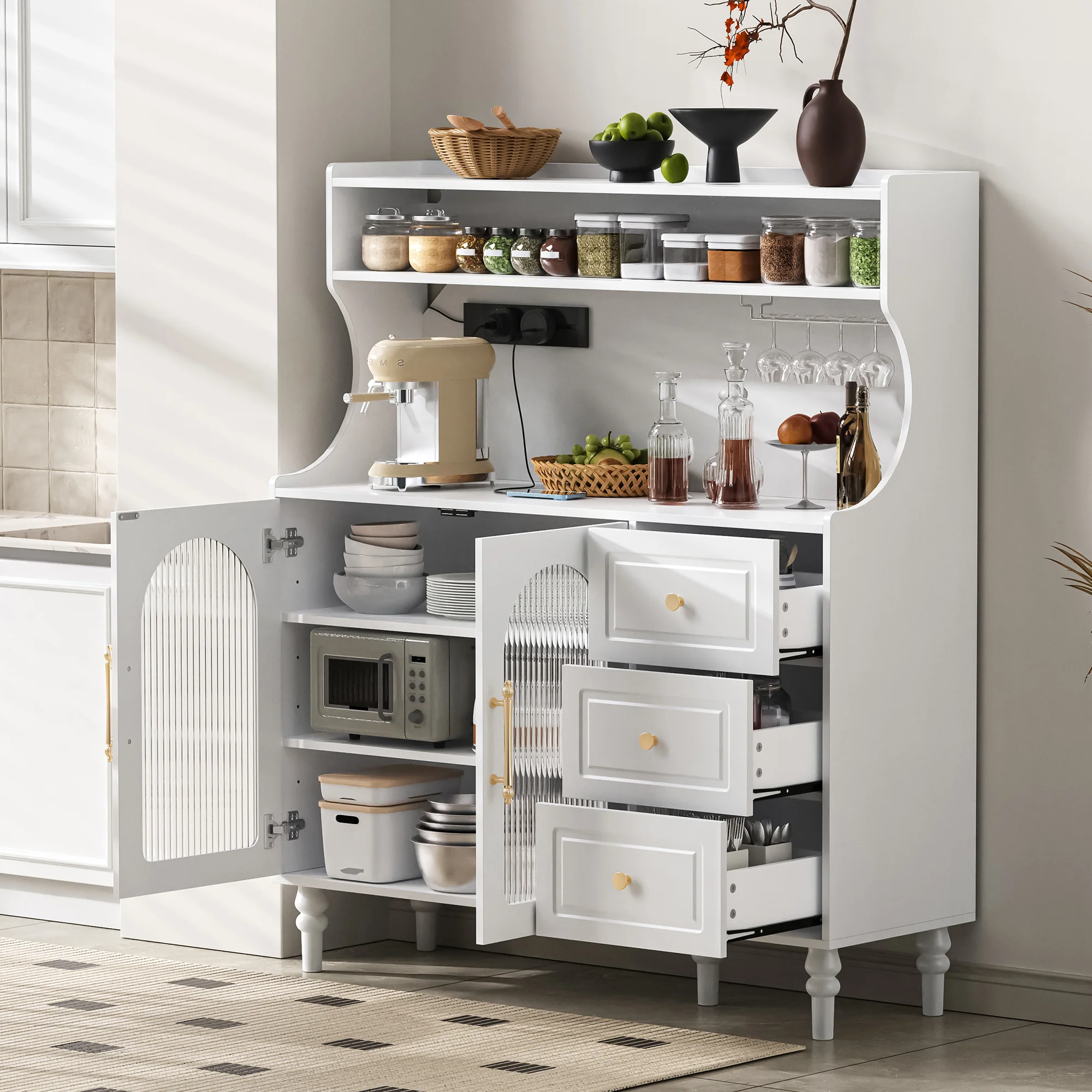 Tall Cabinet with Sockets, Drawers, Wine Glass Holders & Adjustable Shelves - White - Image 2