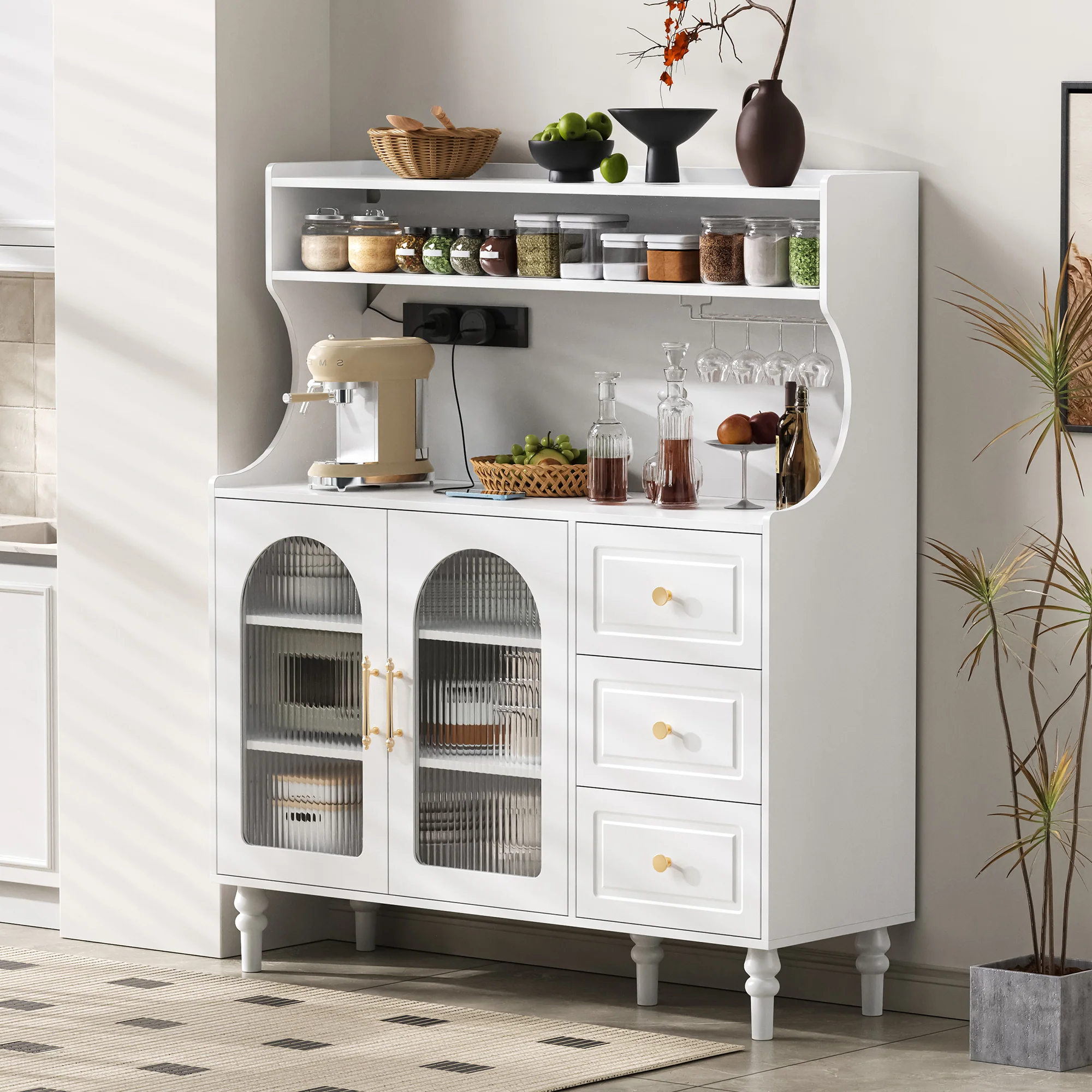 Tall Cabinet with Sockets, Drawers, Wine Glass Holders & Adjustable Shelves - White - Image 4