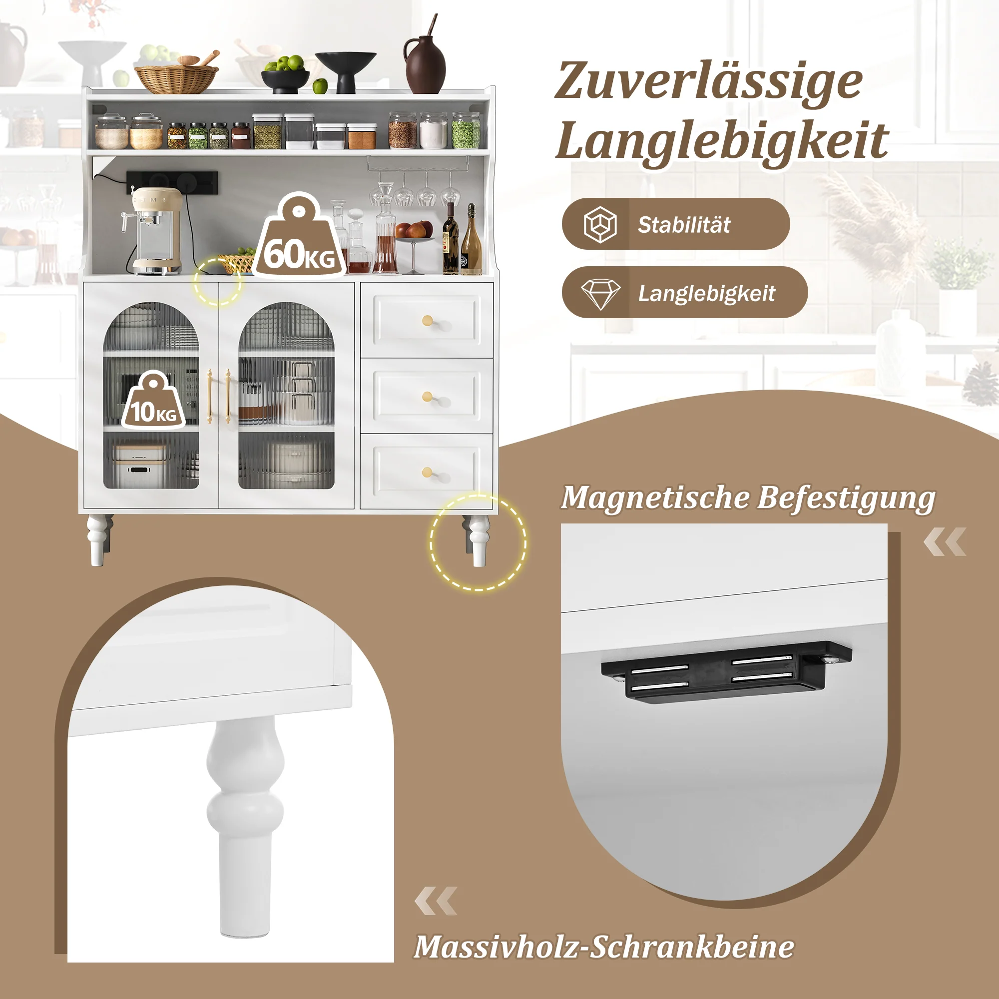 Tall Cabinet with Sockets, Drawers, Wine Glass Holders & Adjustable Shelves - White - Image 9