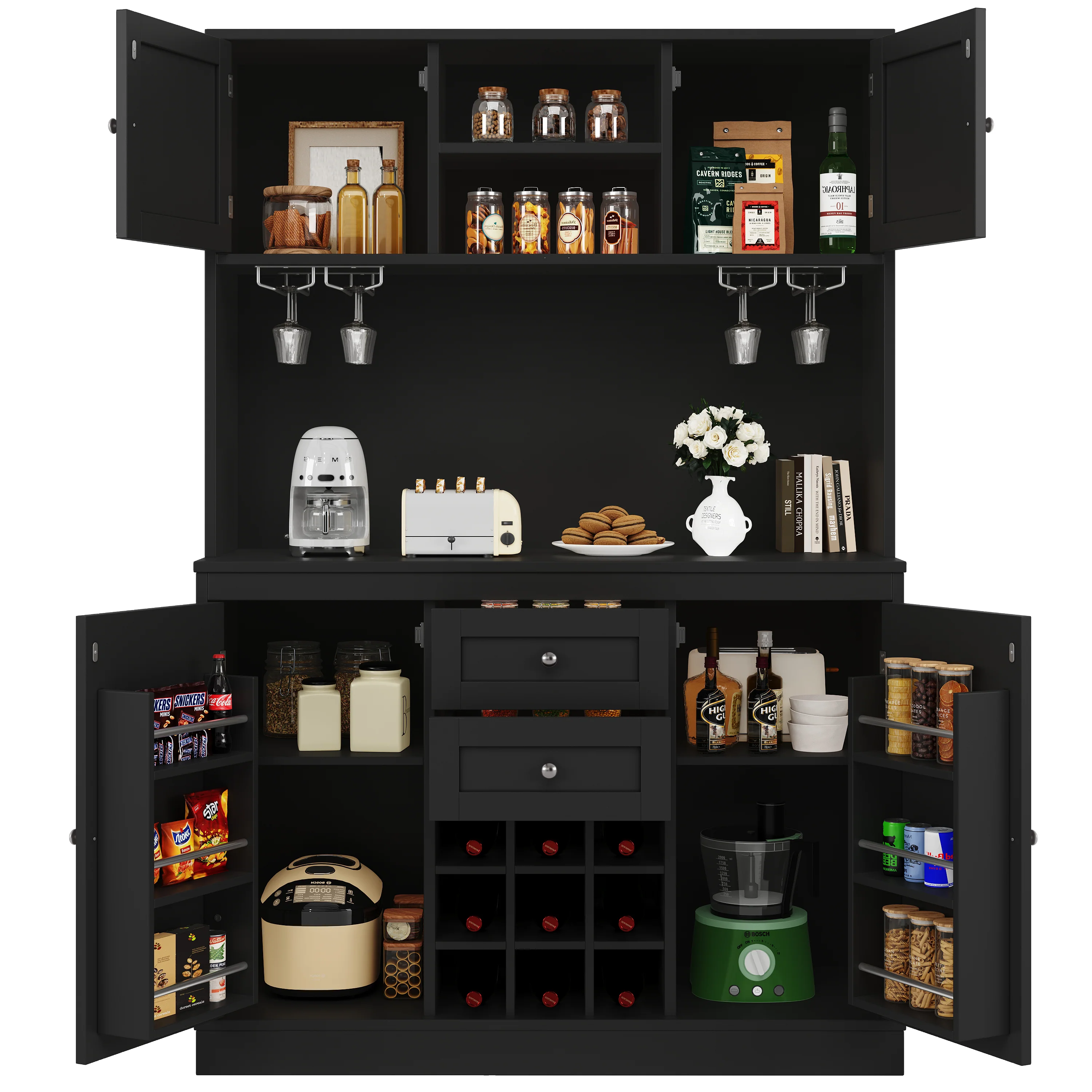 Tall Kitchen Buffet Cabinet with Adjustable Shelves, Wine Rack, 4 Doors & 2 Drawers - Black - Image 10