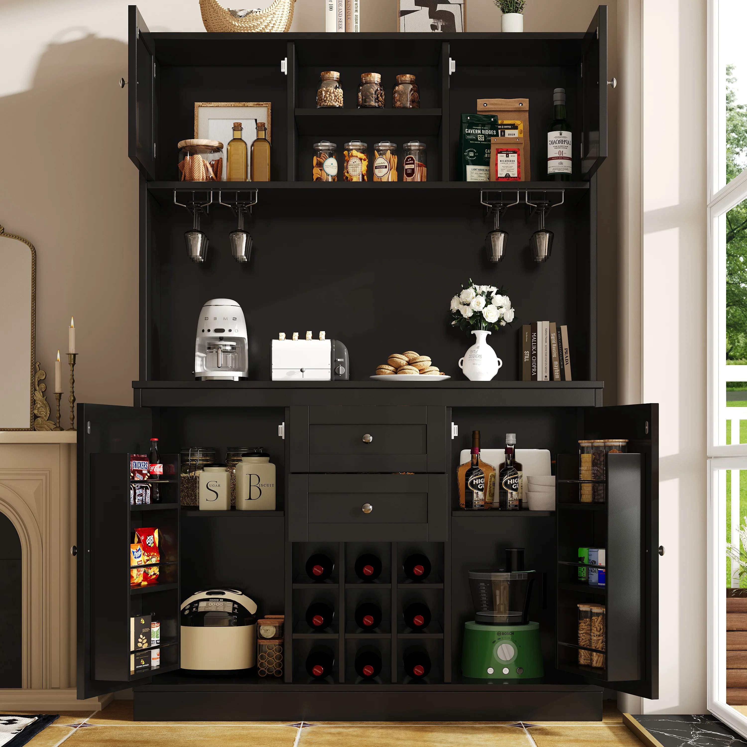 Tall Kitchen Buffet Cabinet with Adjustable Shelves, Wine Rack, 4 Doors & 2 Drawers - Black - Image 3