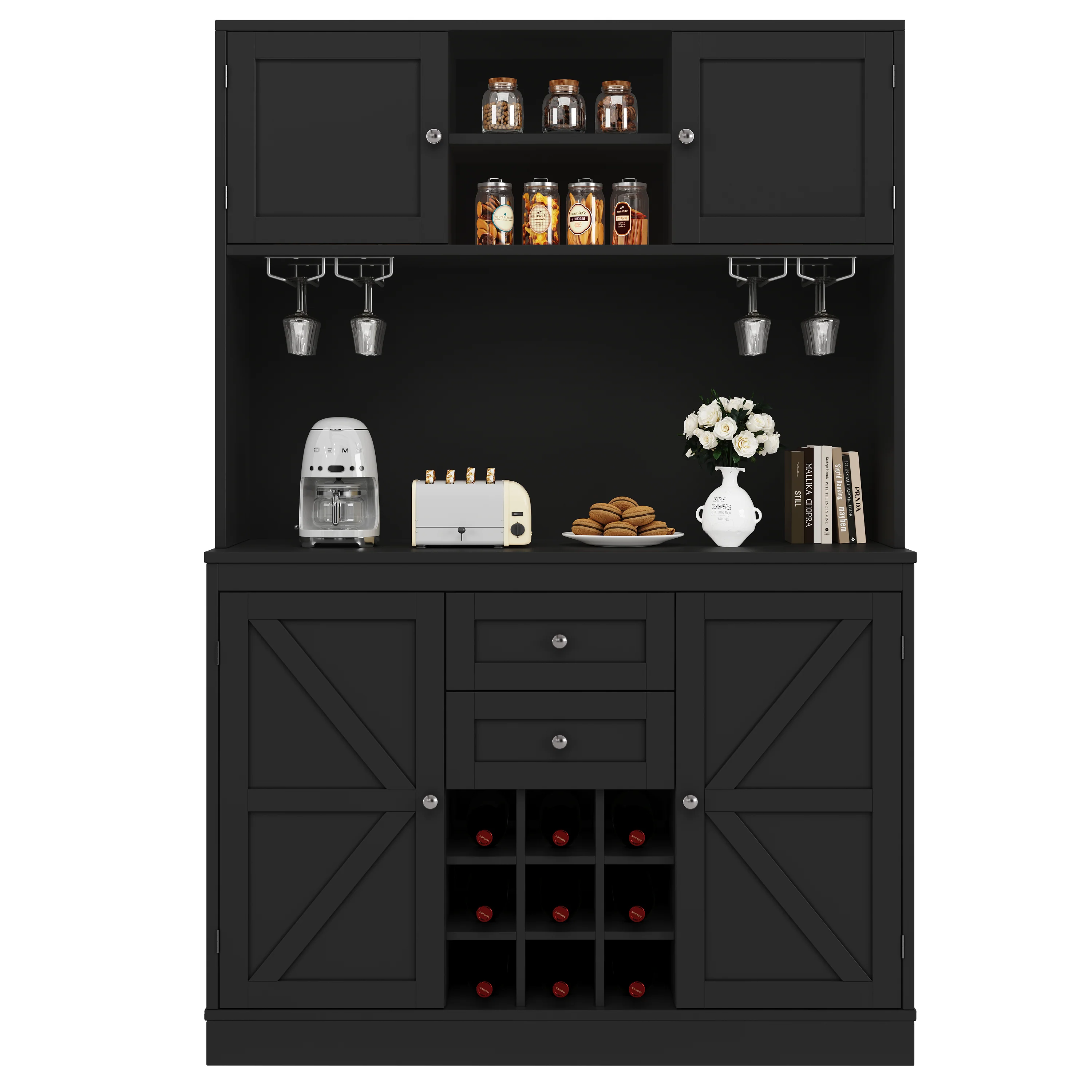 Tall Kitchen Buffet Cabinet with Adjustable Shelves, Wine Rack, 4 Doors & 2 Drawers - Black - Image 9