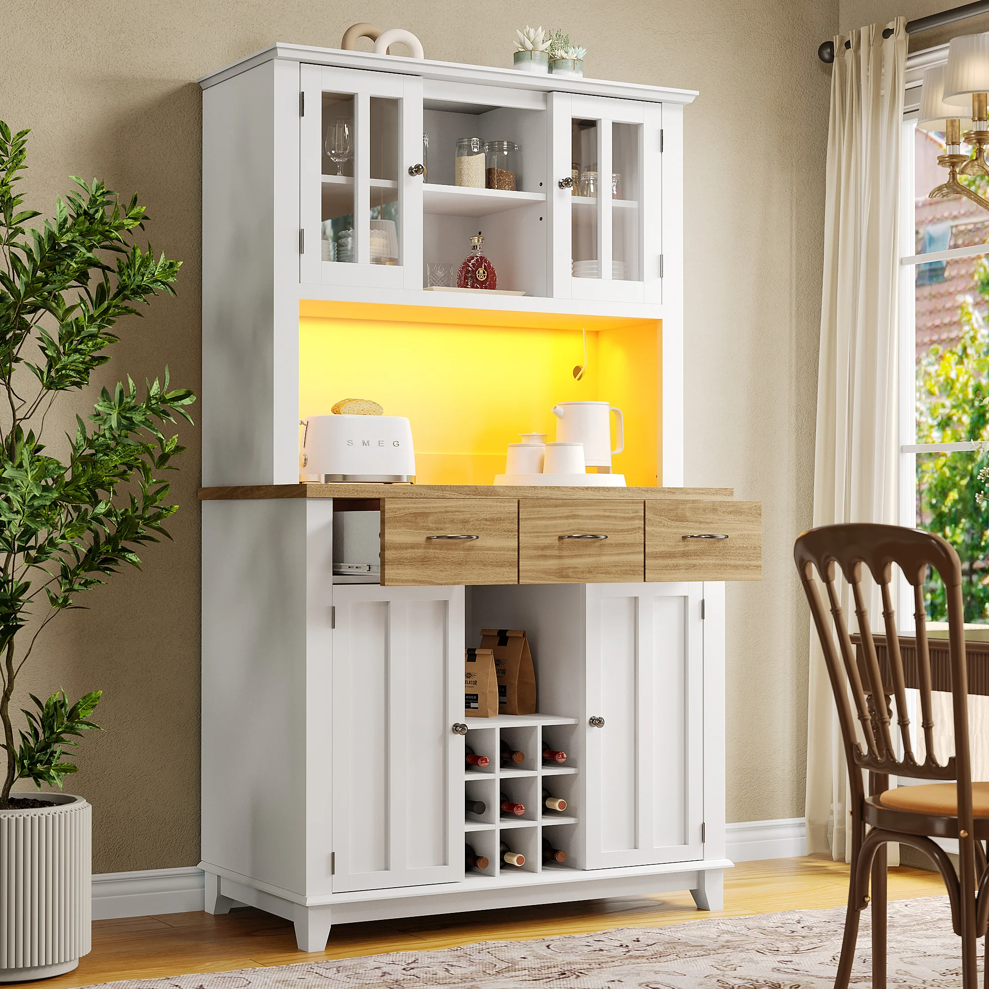 Tall Kitchen Buffet Display Cabinet Adjustable Shelves LED Lighting Wood-Colored Drawers - Image 4