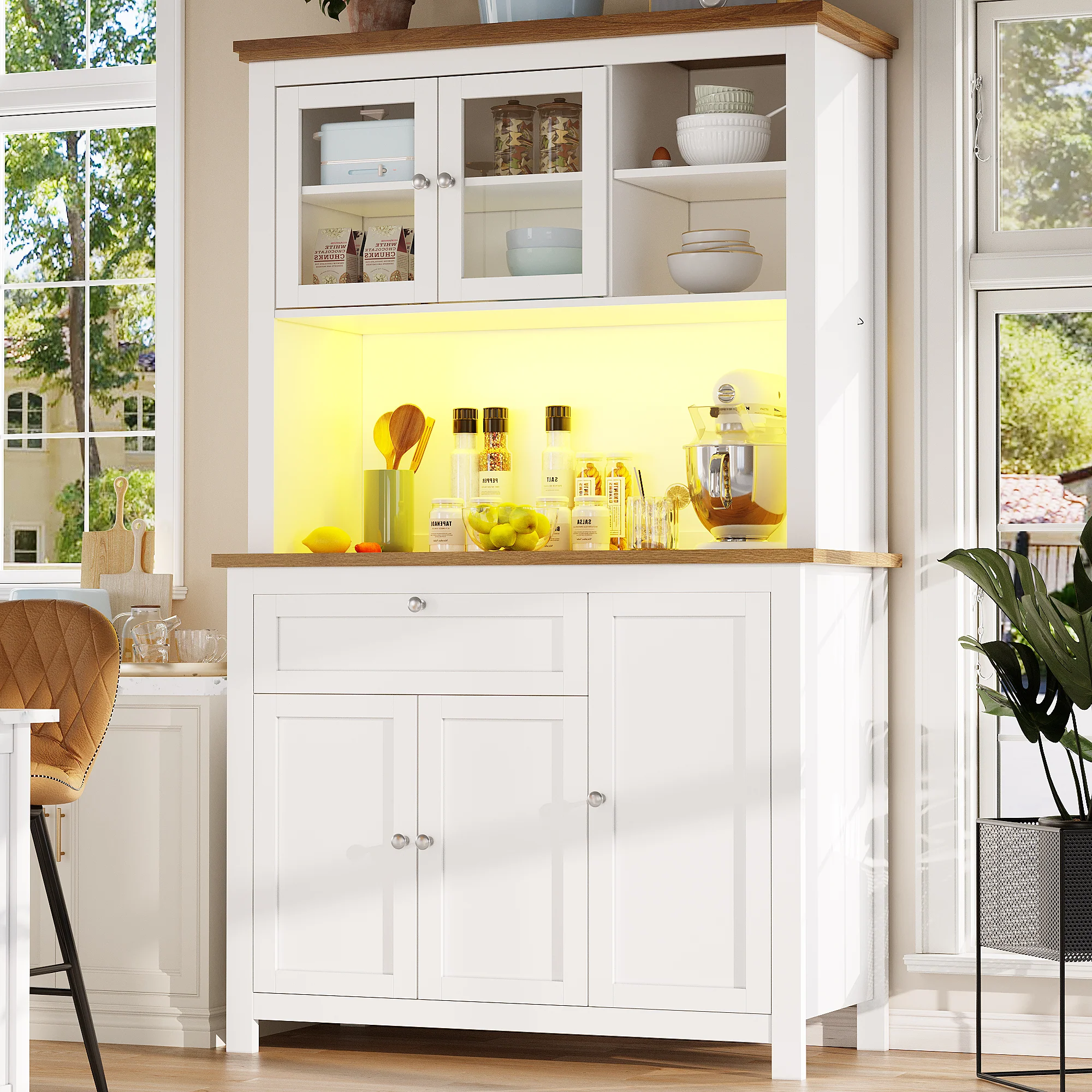 Tall Kitchen Cabinet 104x40x180cm Adjustable Shelves LED Lighting - White - Image 2