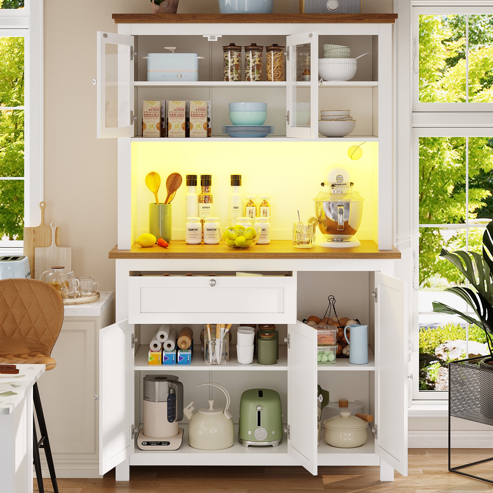 Tall Kitchen Cabinet 104x40x180cm Adjustable Shelves LED Lighting - White - Image 3