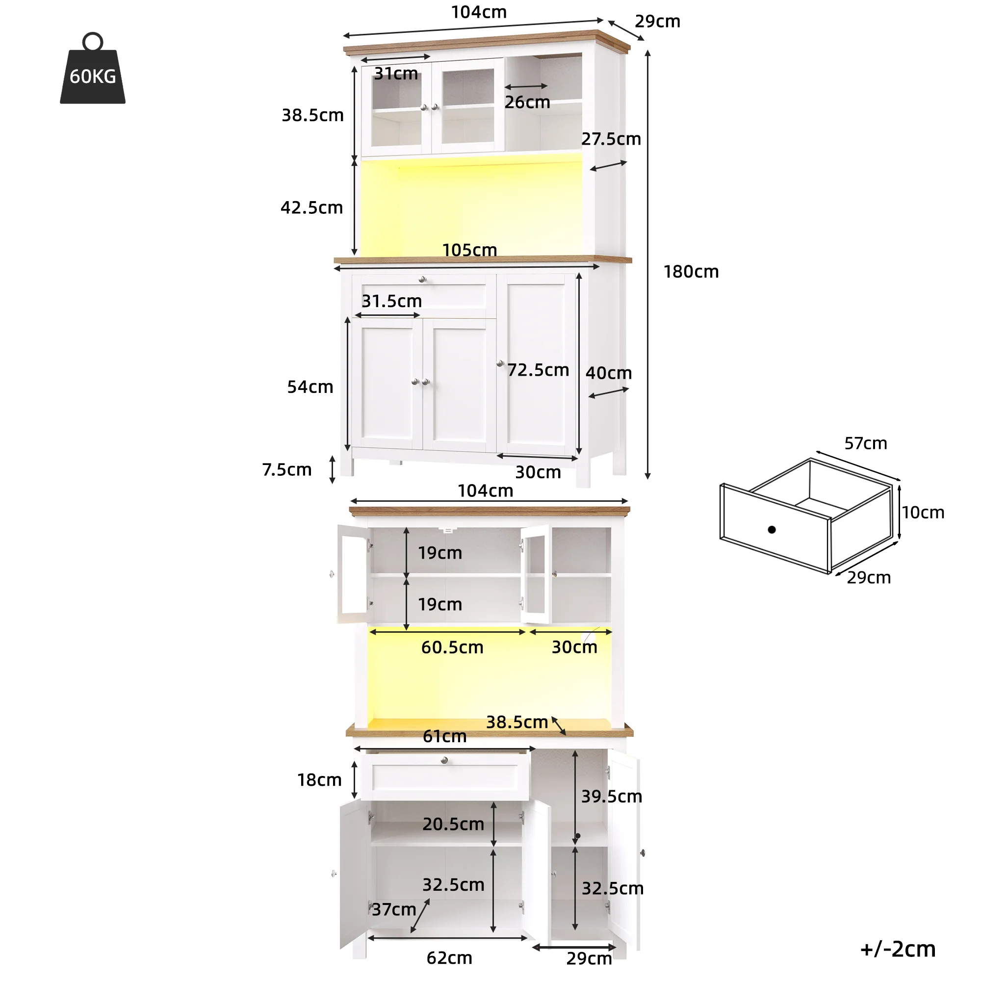 Tall Kitchen Cabinet 104x40x180cm Adjustable Shelves LED Lighting - White - Image 6