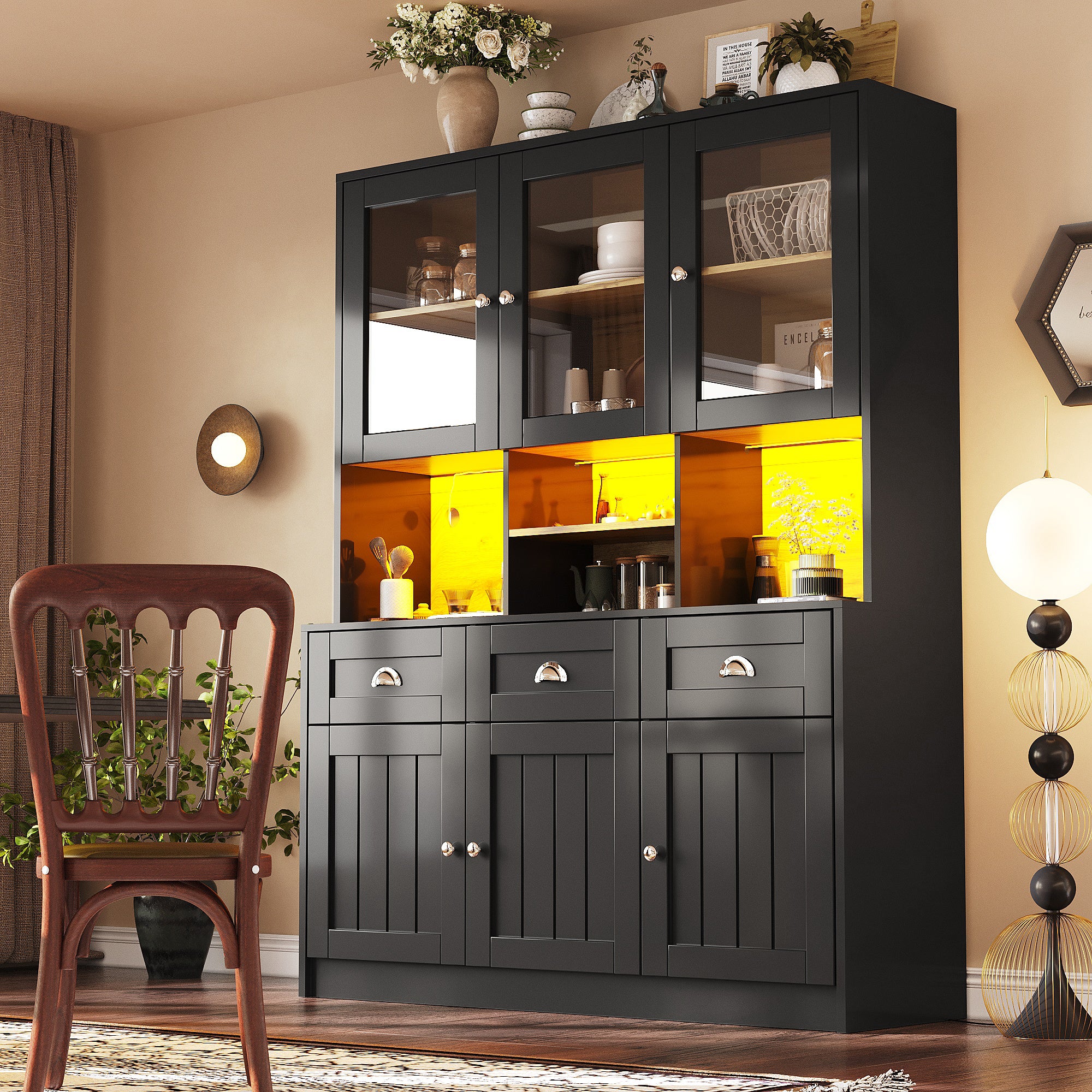 Tall Kitchen Cabinet 140x40x175cm Display Buffet Adjustable Shelves LED - White/Black - Image 2