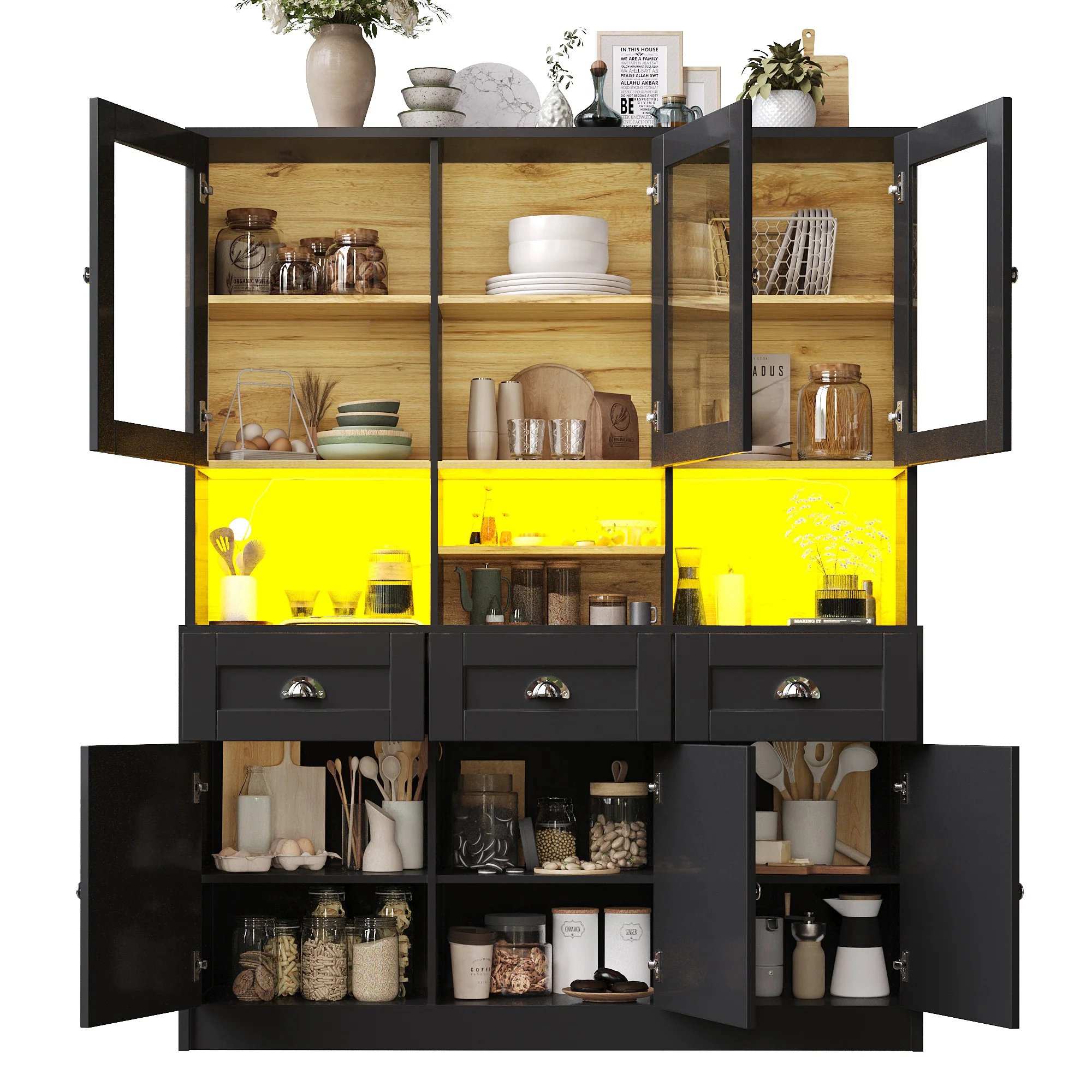 Tall Kitchen Cabinet 140x40x175cm Display Buffet Adjustable Shelves LED - White/Black - Image 8