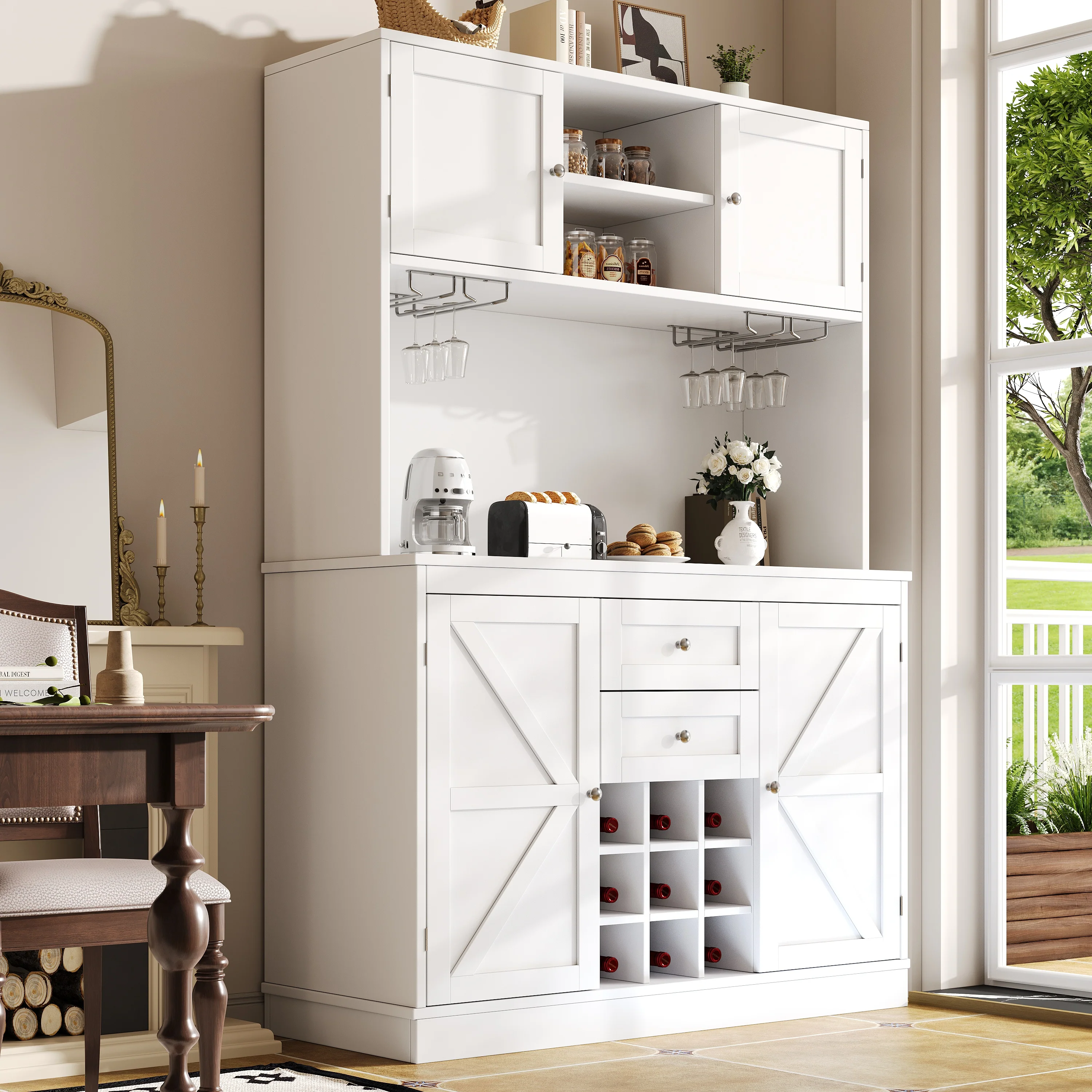 Tall Kitchen Cabinet Buffet Wine Rack Adjustable Shelves 4 Doors 2 Drawers - White