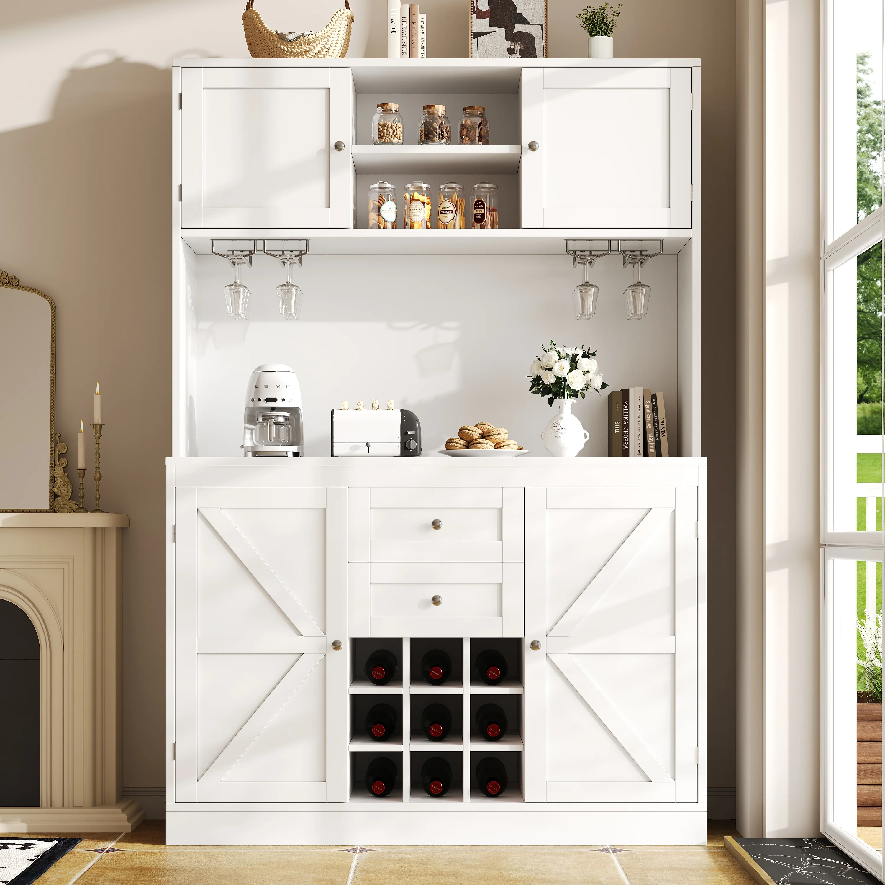 Tall Kitchen Cabinet Buffet Wine Rack Adjustable Shelves 4 Doors 2 Drawers - White - Image 2