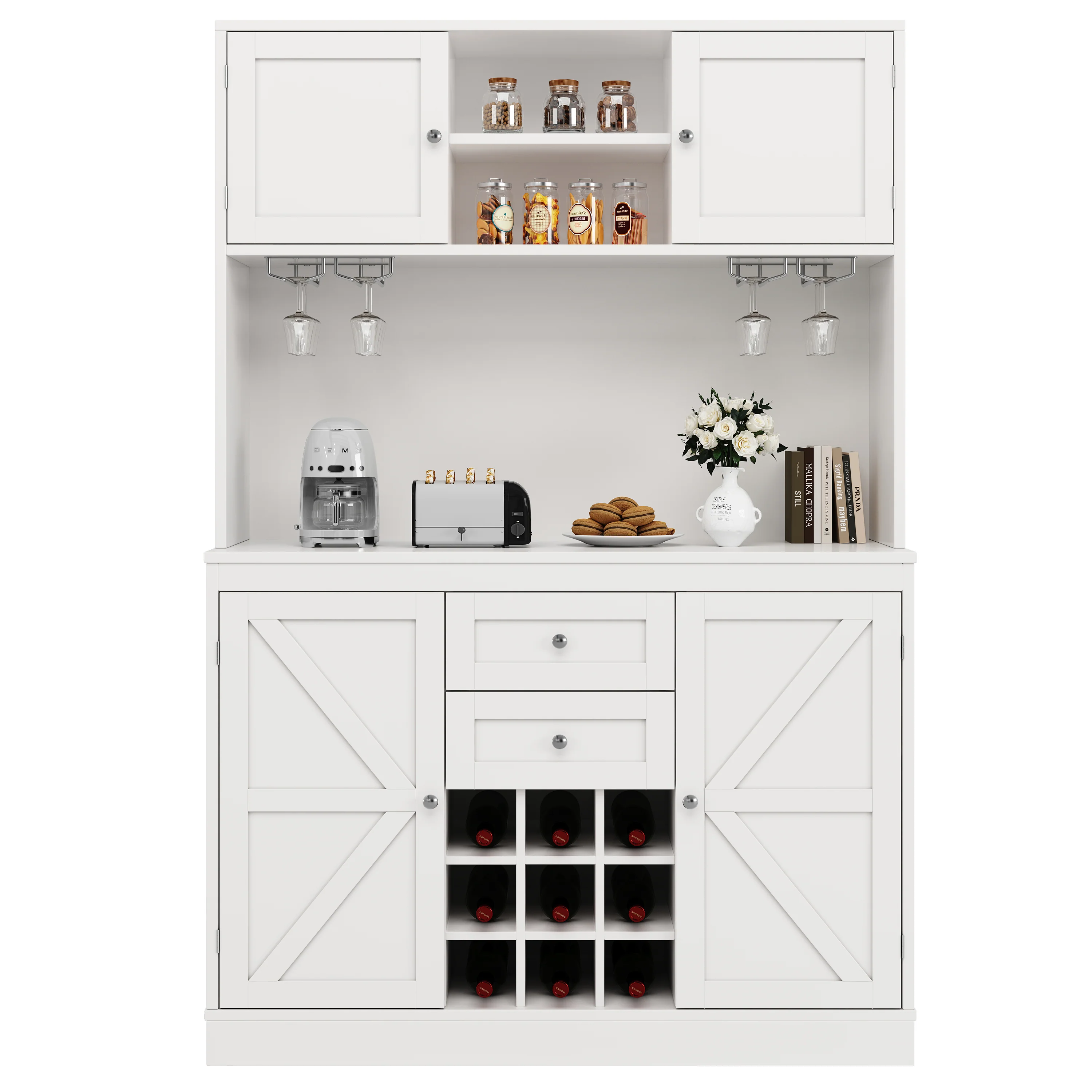 Tall Kitchen Cabinet Buffet Wine Rack Adjustable Shelves 4 Doors 2 Drawers - White - Image 7