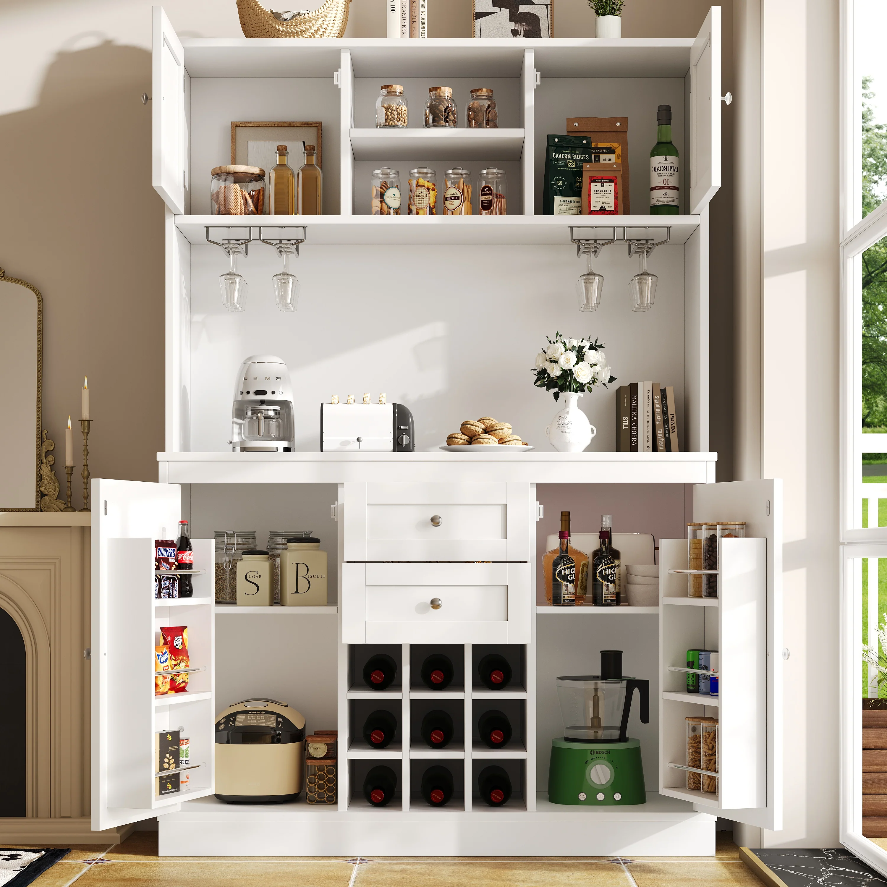 Tall Kitchen Cabinet Buffet with Adjustable Shelves Wine Rack 4 Doors 2 Drawers - White - Image 3