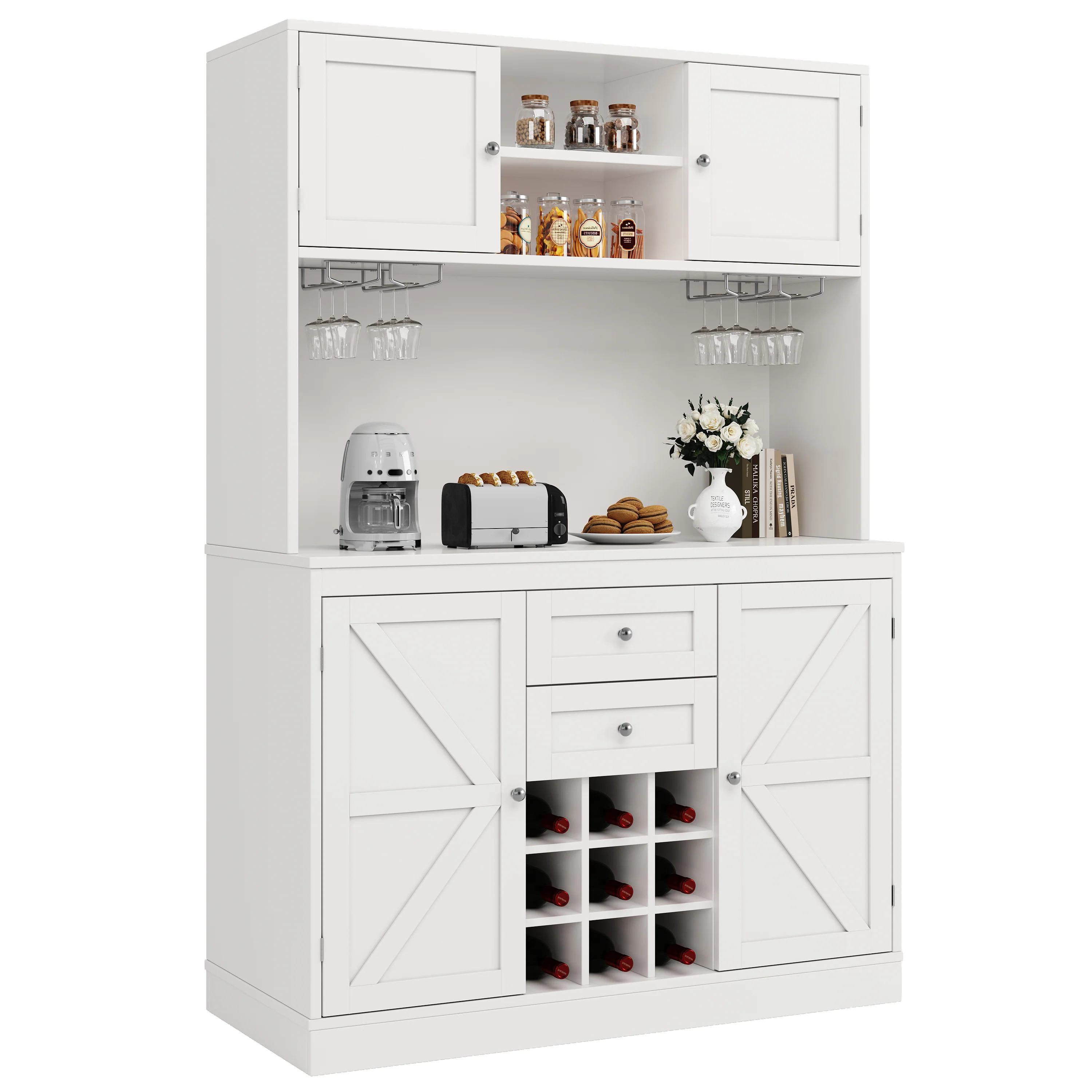 Tall Kitchen Cabinet Buffet with Adjustable Shelves Wine Rack 4 Doors 2 Drawers - White - Image 9