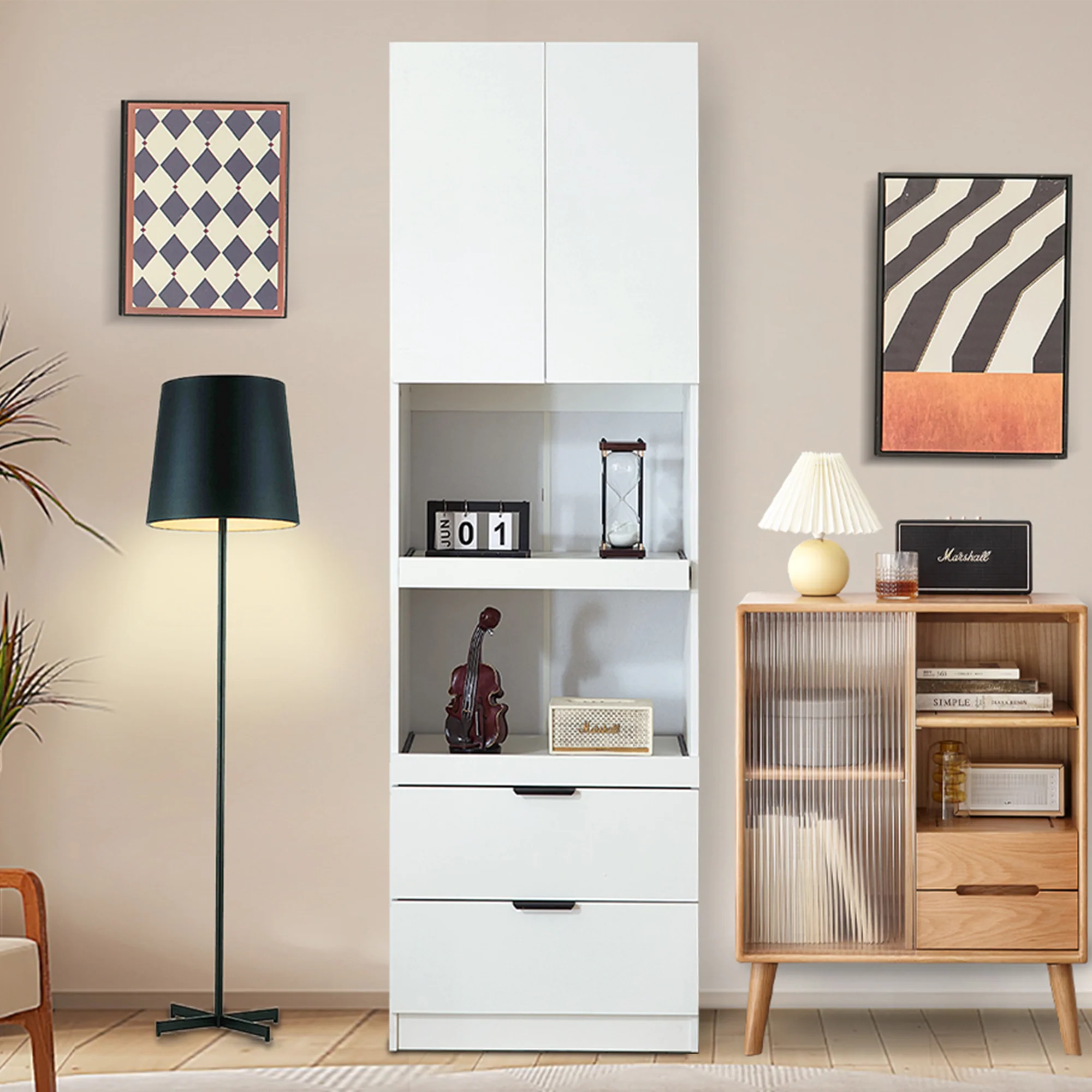 Tall Storage Cabinet 200cm High Doors Drawers Microwave Shelf - White
