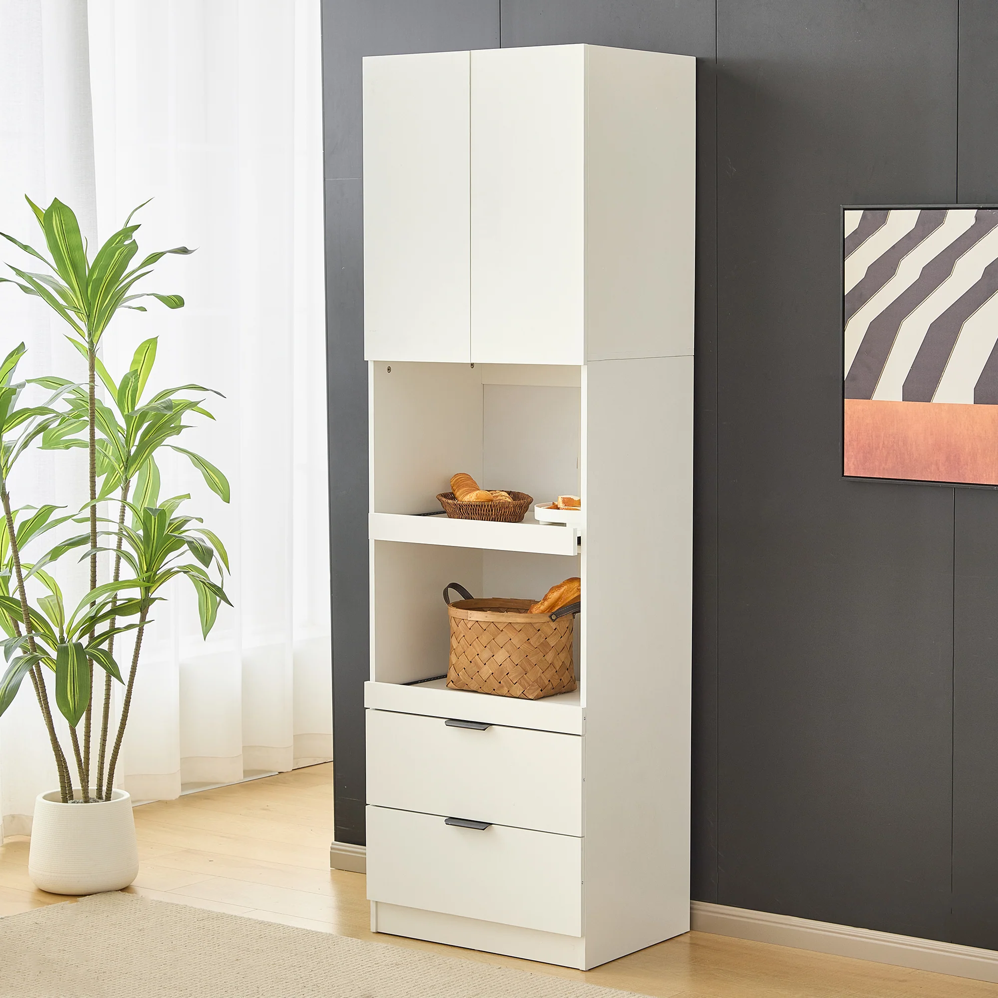 Tall Storage Cabinet 200cm High Doors Drawers Microwave Shelf - White - Image 10
