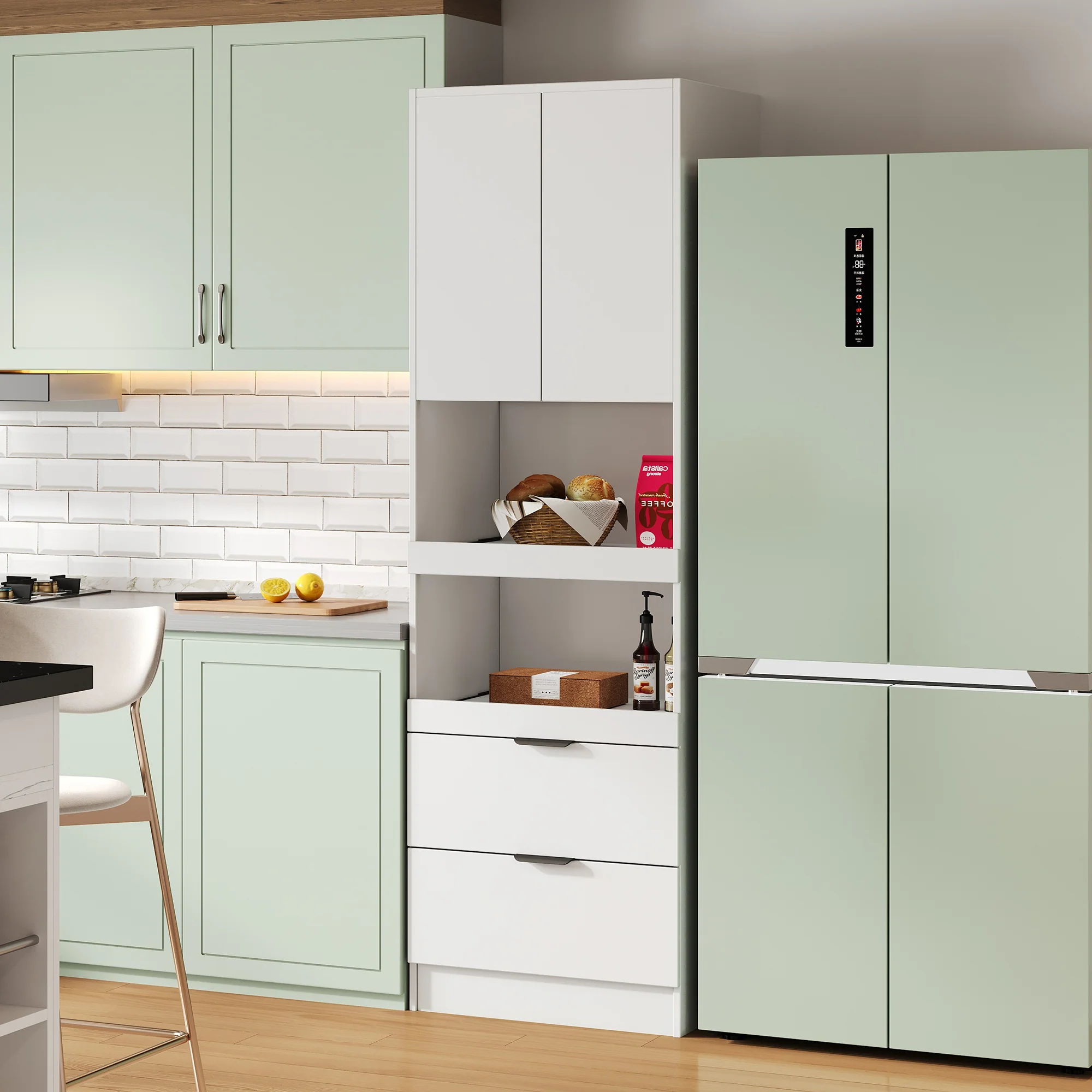 Tall Storage Cabinet 200cm High Doors Drawers Microwave Shelf - White - Image 3