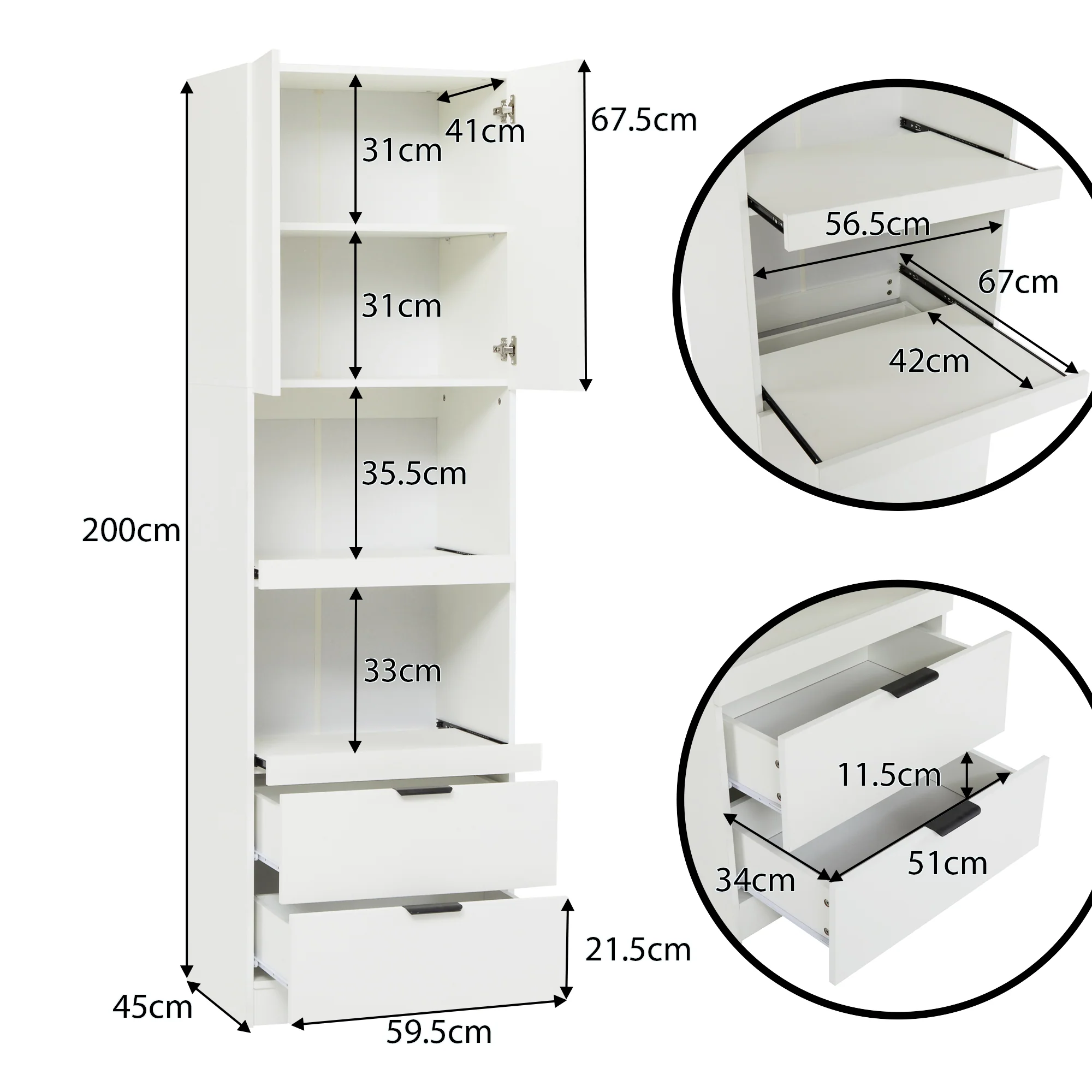 Tall Storage Cabinet 200cm High Doors Drawers Microwave Shelf - White - Image 4