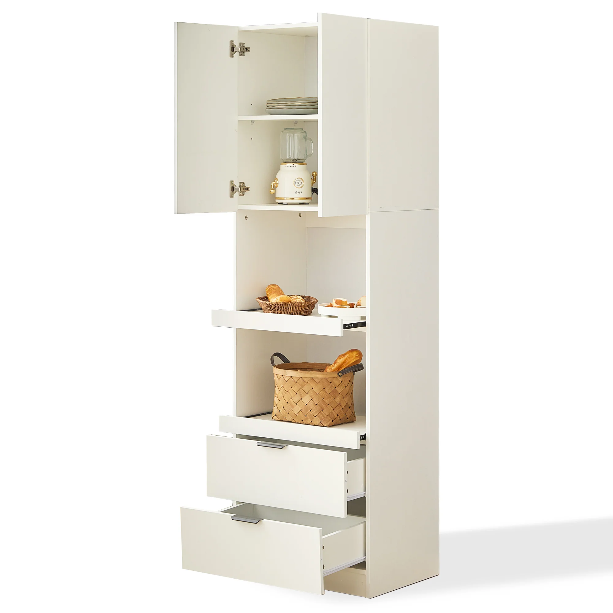 Tall Storage Cabinet 200cm High Doors Drawers Microwave Shelf - White - Image 6