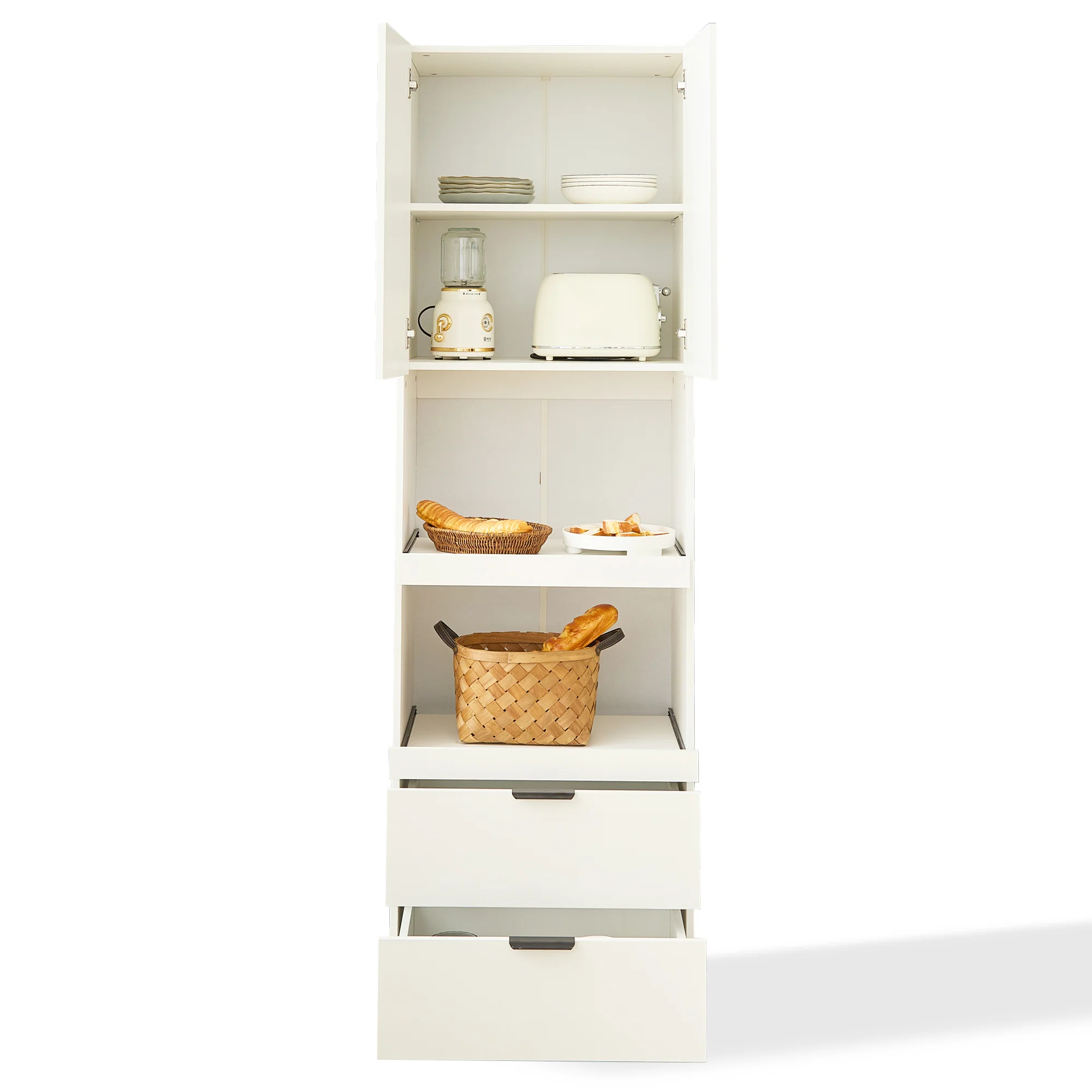 Tall Storage Cabinet 200cm High Doors Drawers Microwave Shelf - White - Image 7