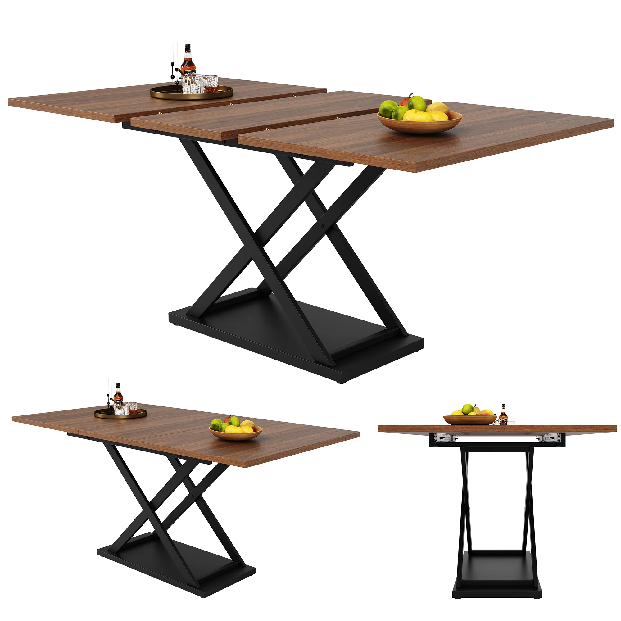 Telescopic Dining Table Extendable 120-160cm Crossed Iron Legs - Walnut - Image 2