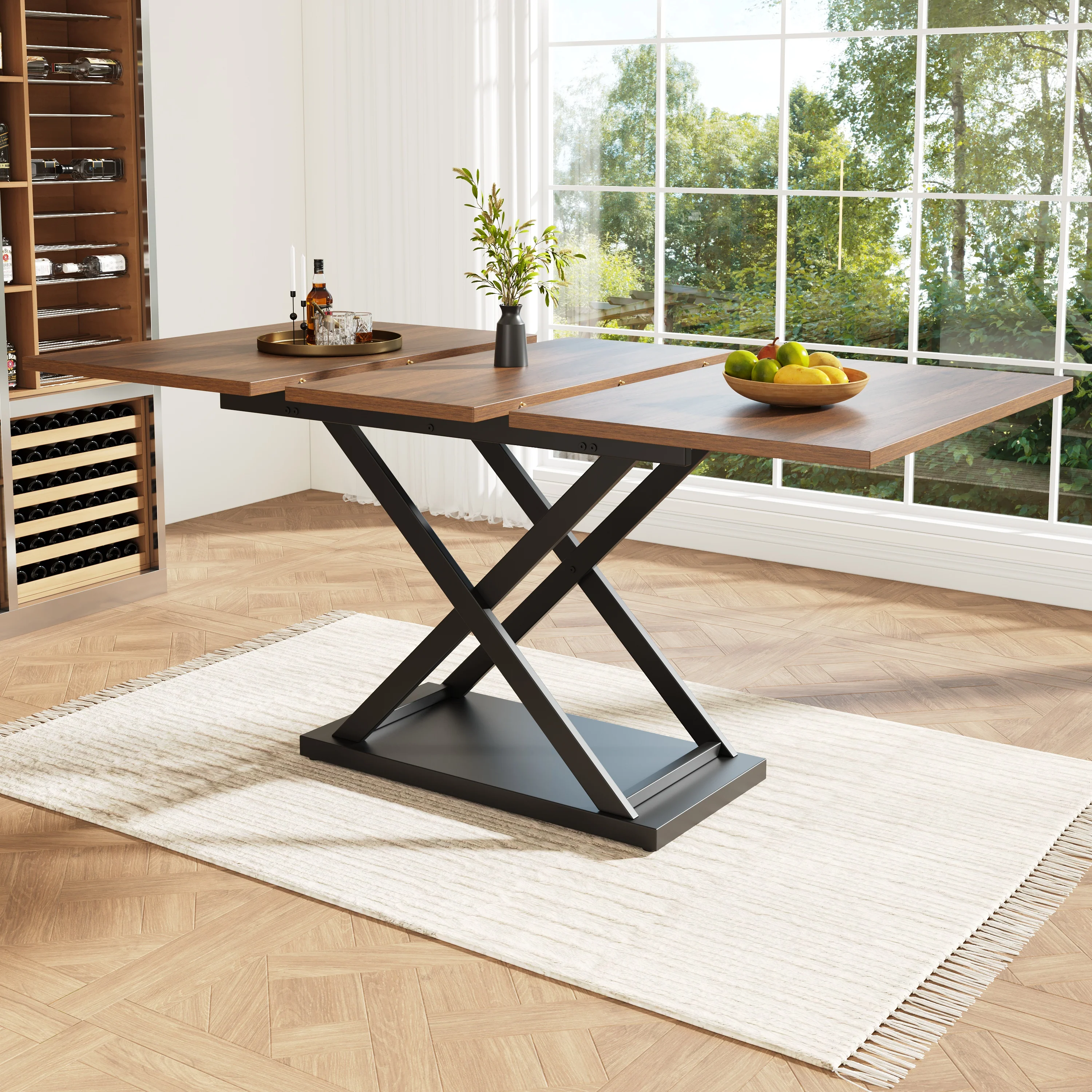 Telescopic Dining Table Extendable 120-160cm Crossed Iron Legs - Walnut - Image 3