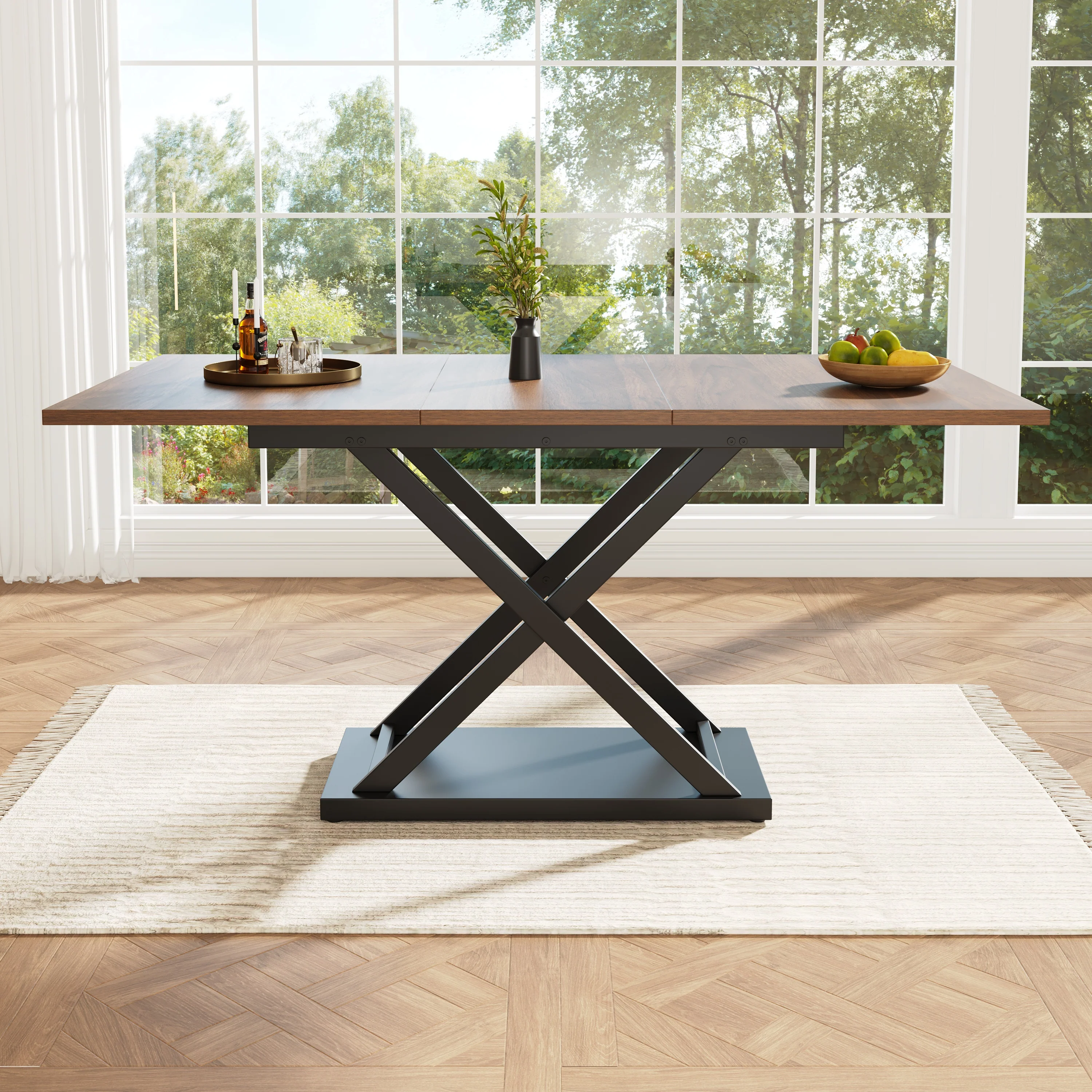 Telescopic Dining Table Extendable 120-160cm Crossed Iron Legs - Walnut - Image 4