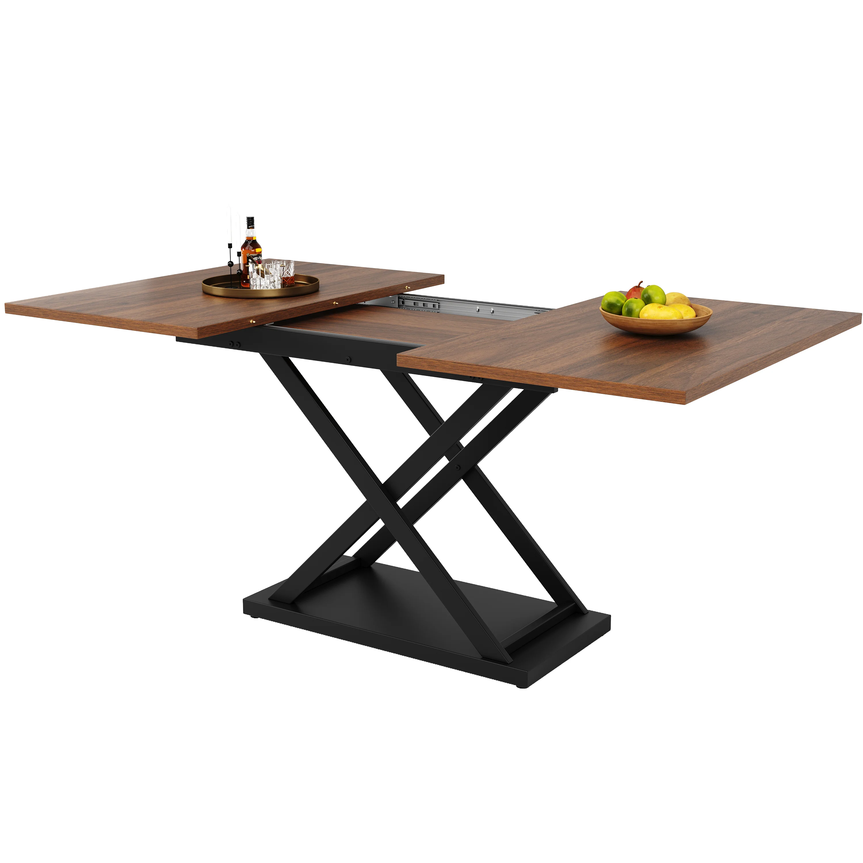 Telescopic Dining Table Extendable 120-160cm Crossed Iron Legs - Walnut - Image 7