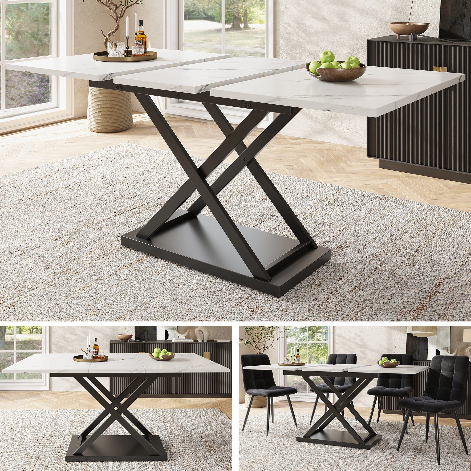 Telescopic Dining Table Extendable 120-160x80cm Crossed Iron Legs - White Marble/Black
