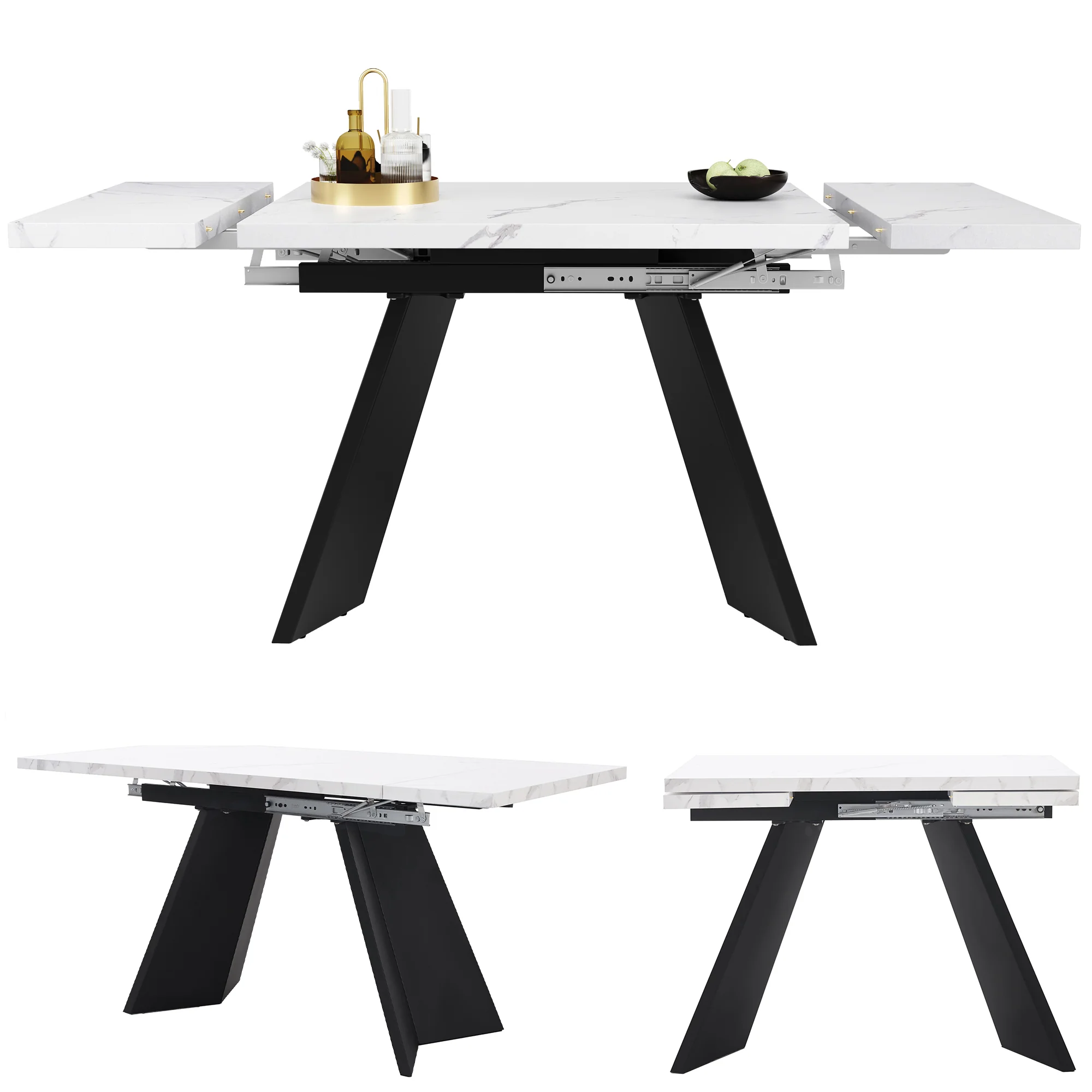 Telescopic Dining Table Extendable 99-159x74cm Flat Legs - White - Image 3