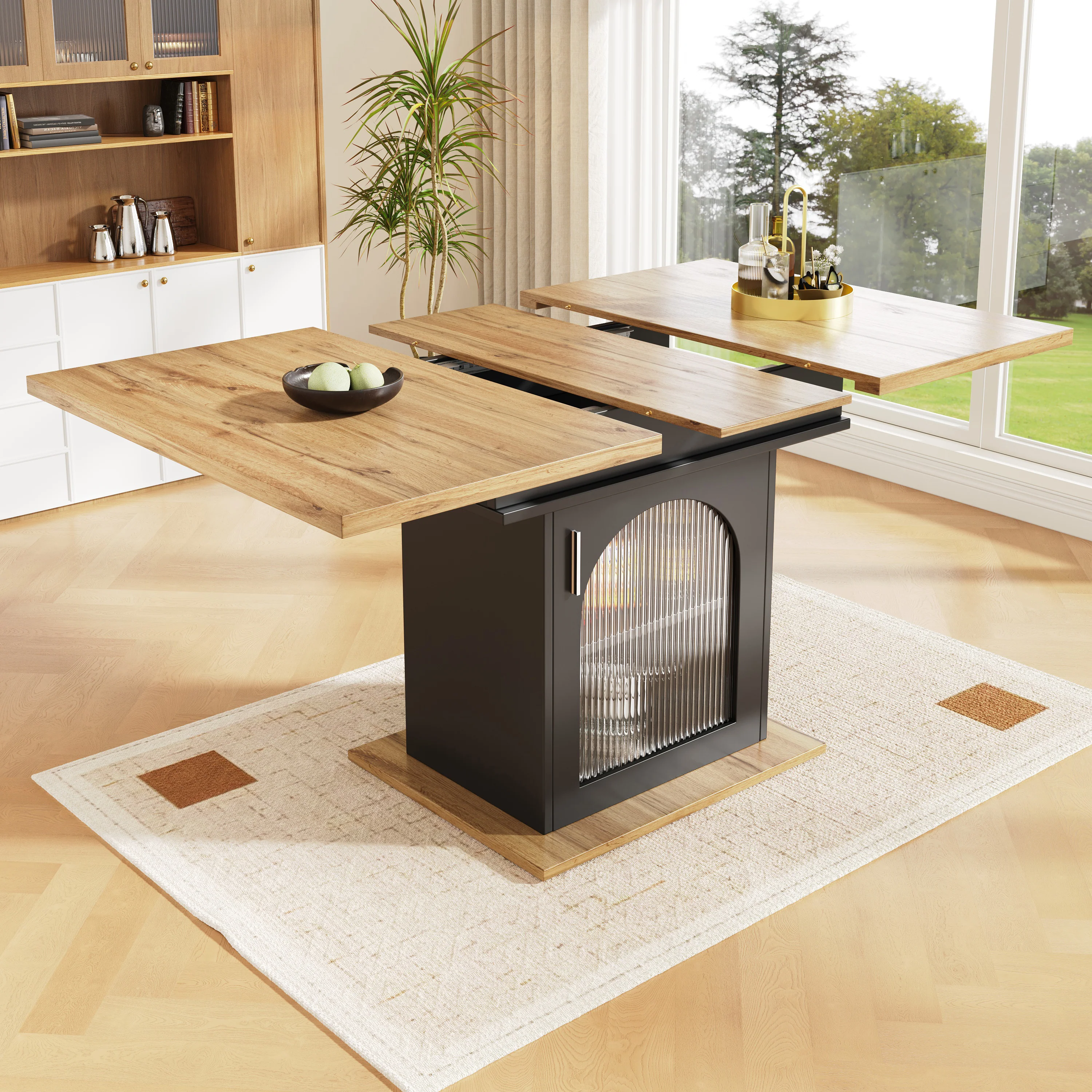 Telescopic Dining Table Extendable Space-Saving Storage Shelf natural + black