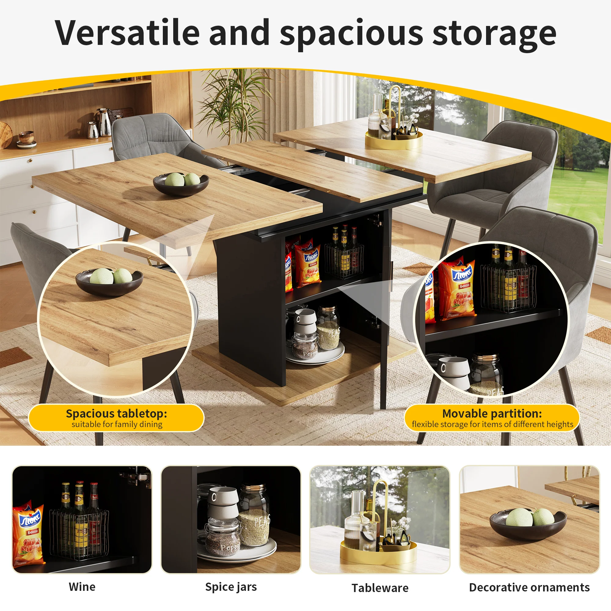 Telescopic Dining Table Extendable Space-Saving Storage Shelf natural + black - Image 10