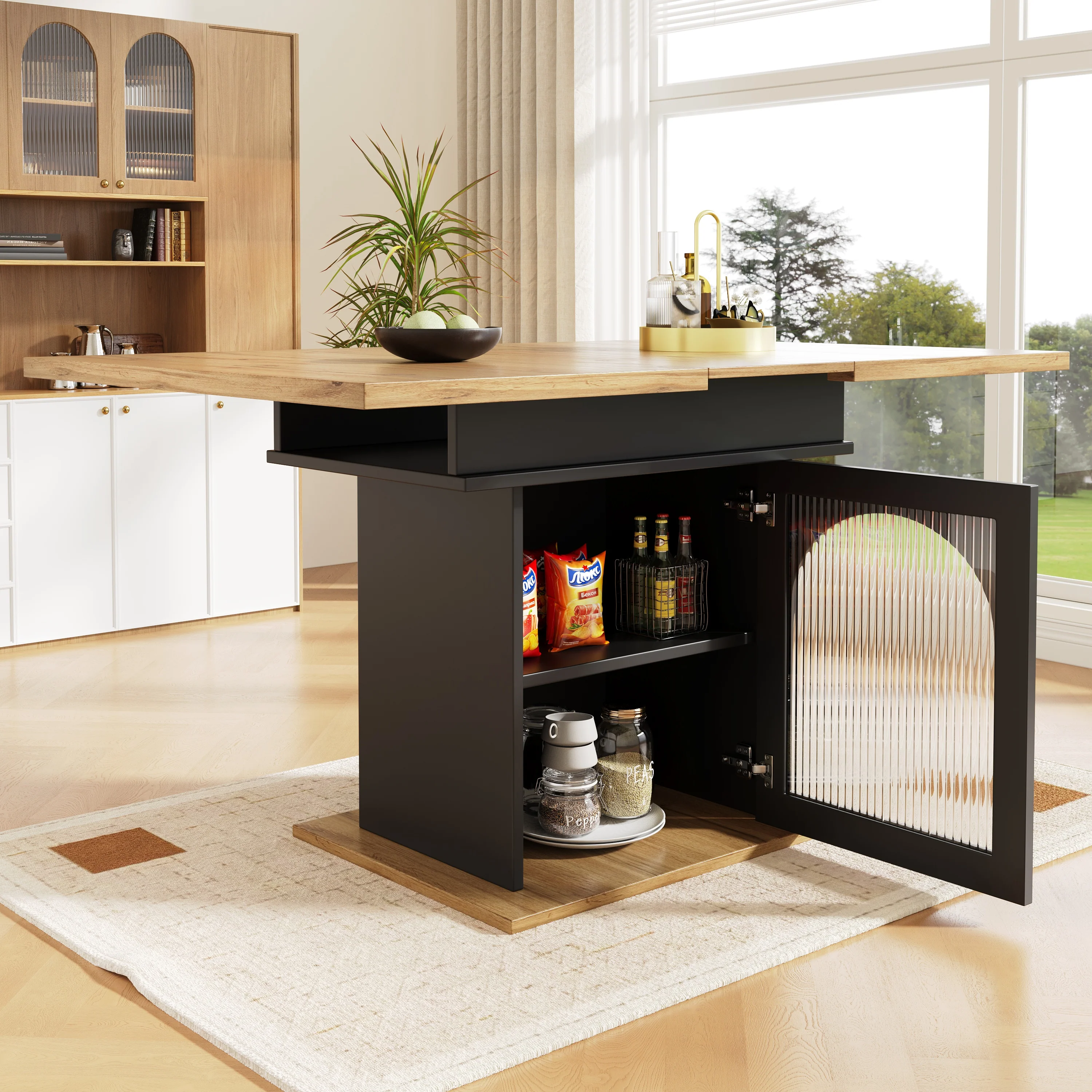 Telescopic Dining Table Extendable Space-Saving Storage Shelf natural + black - Image 2