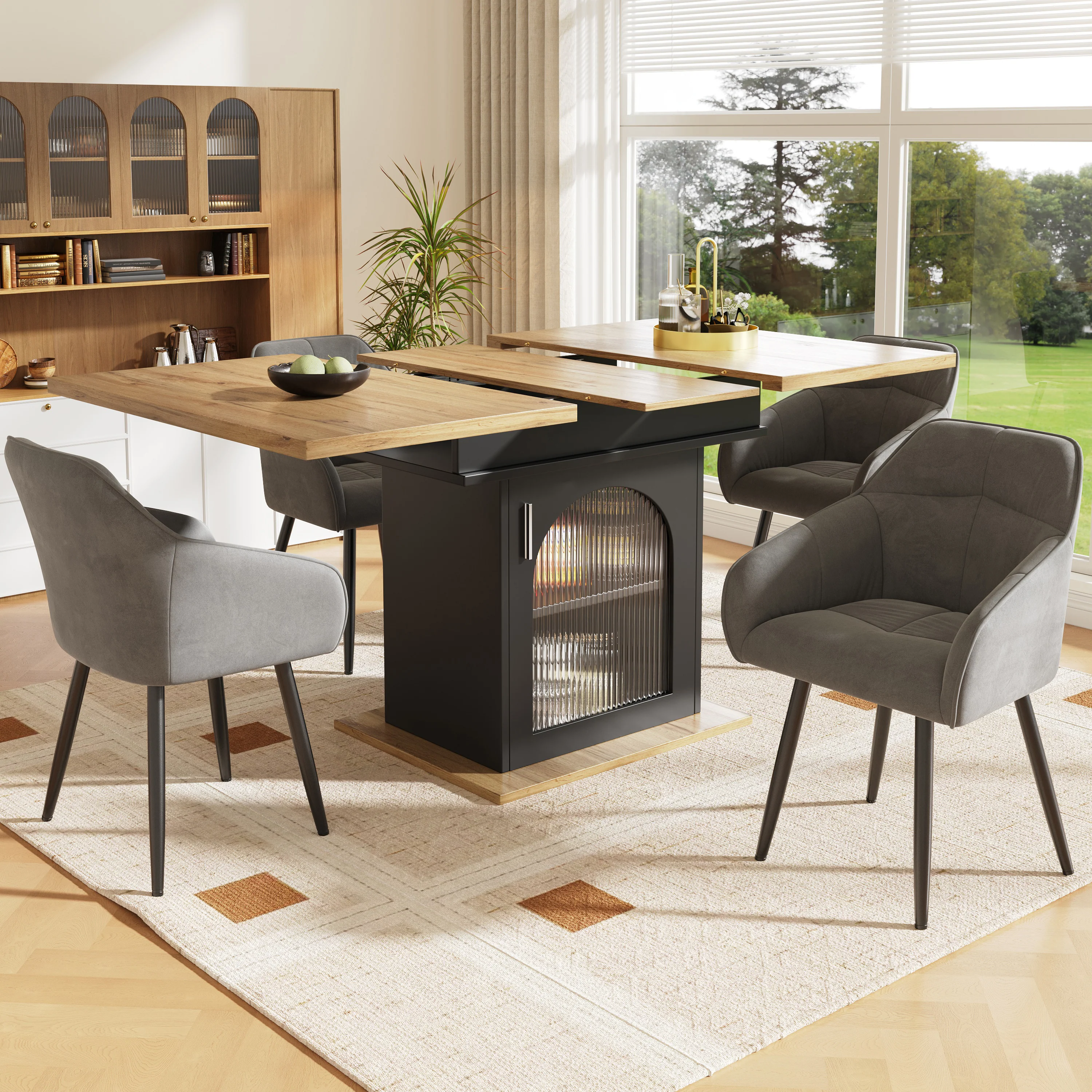 Telescopic Dining Table Extendable Space-Saving Storage Shelf natural + black - Image 3