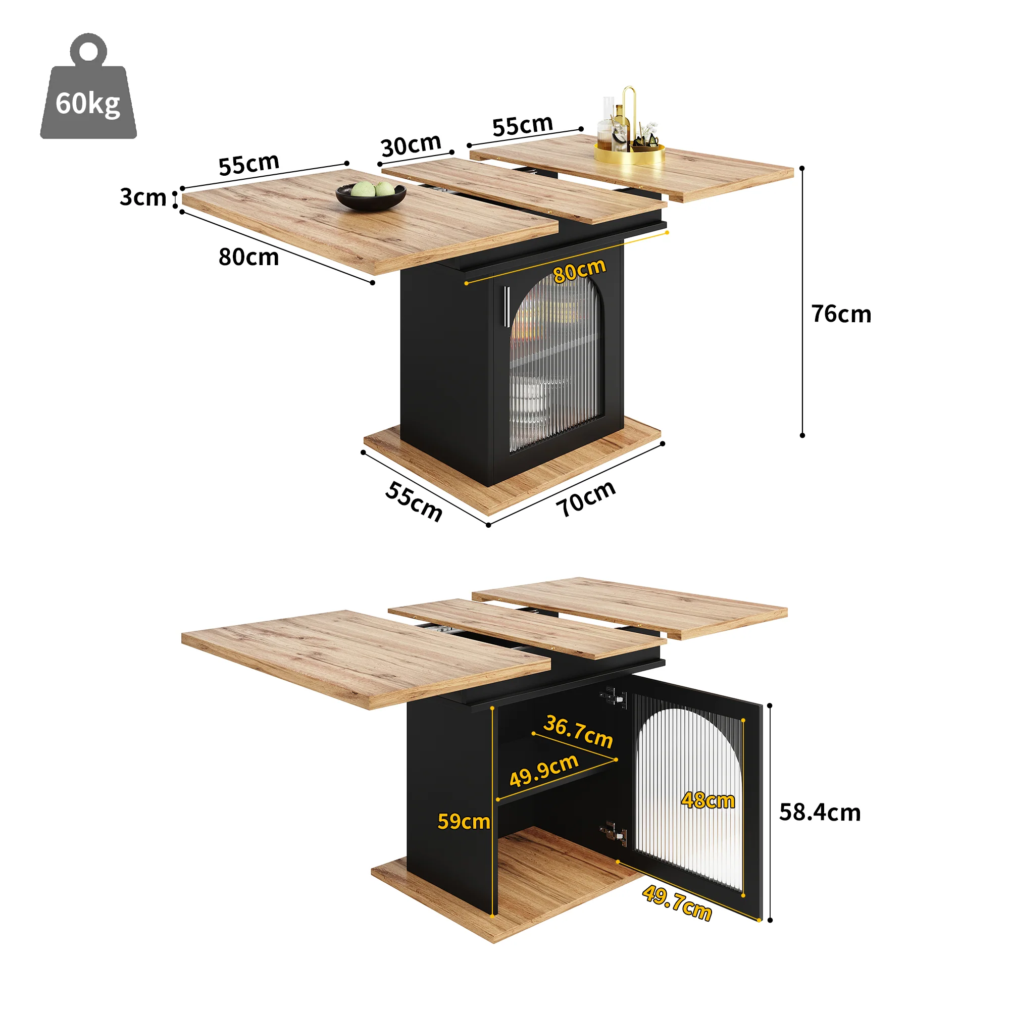 Telescopic Dining Table Extendable Space-Saving Storage Shelf natural + black - Image 4
