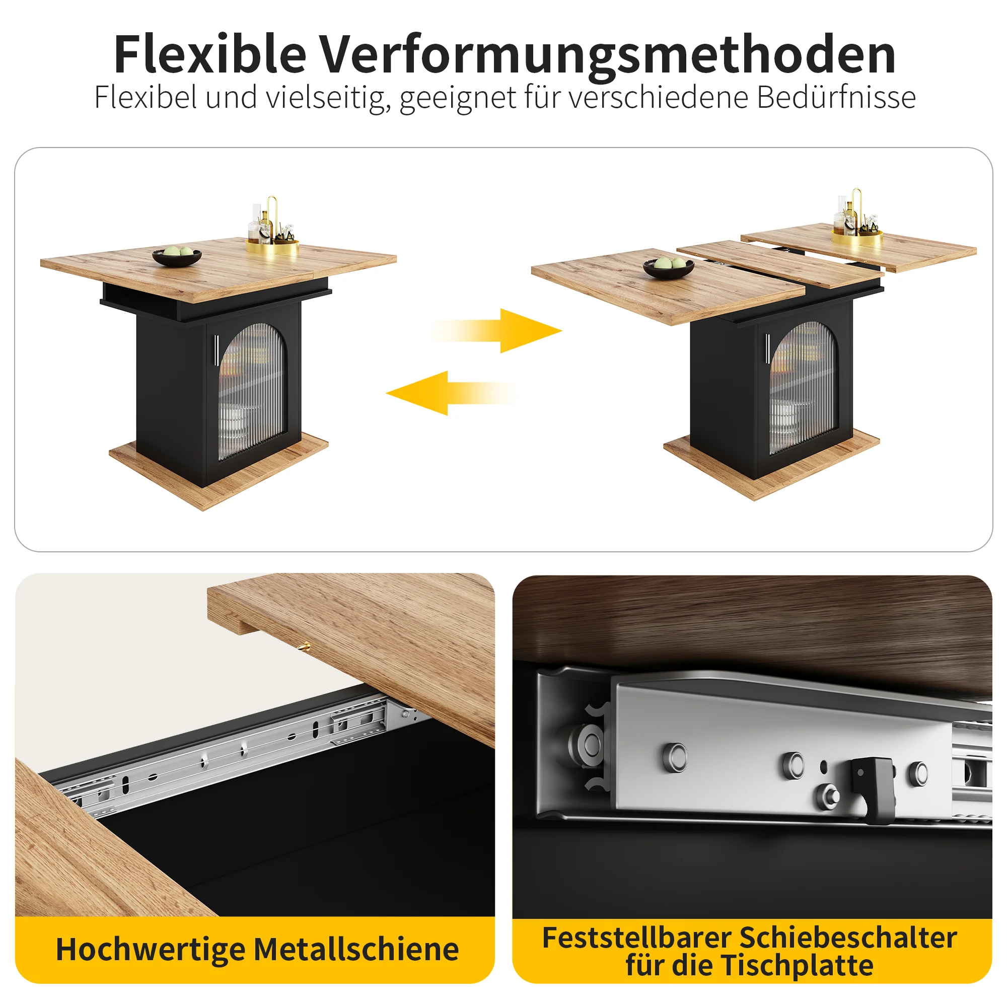 Telescopic Dining Table Extendable Space-Saving Storage Shelf natural + black - Image 7