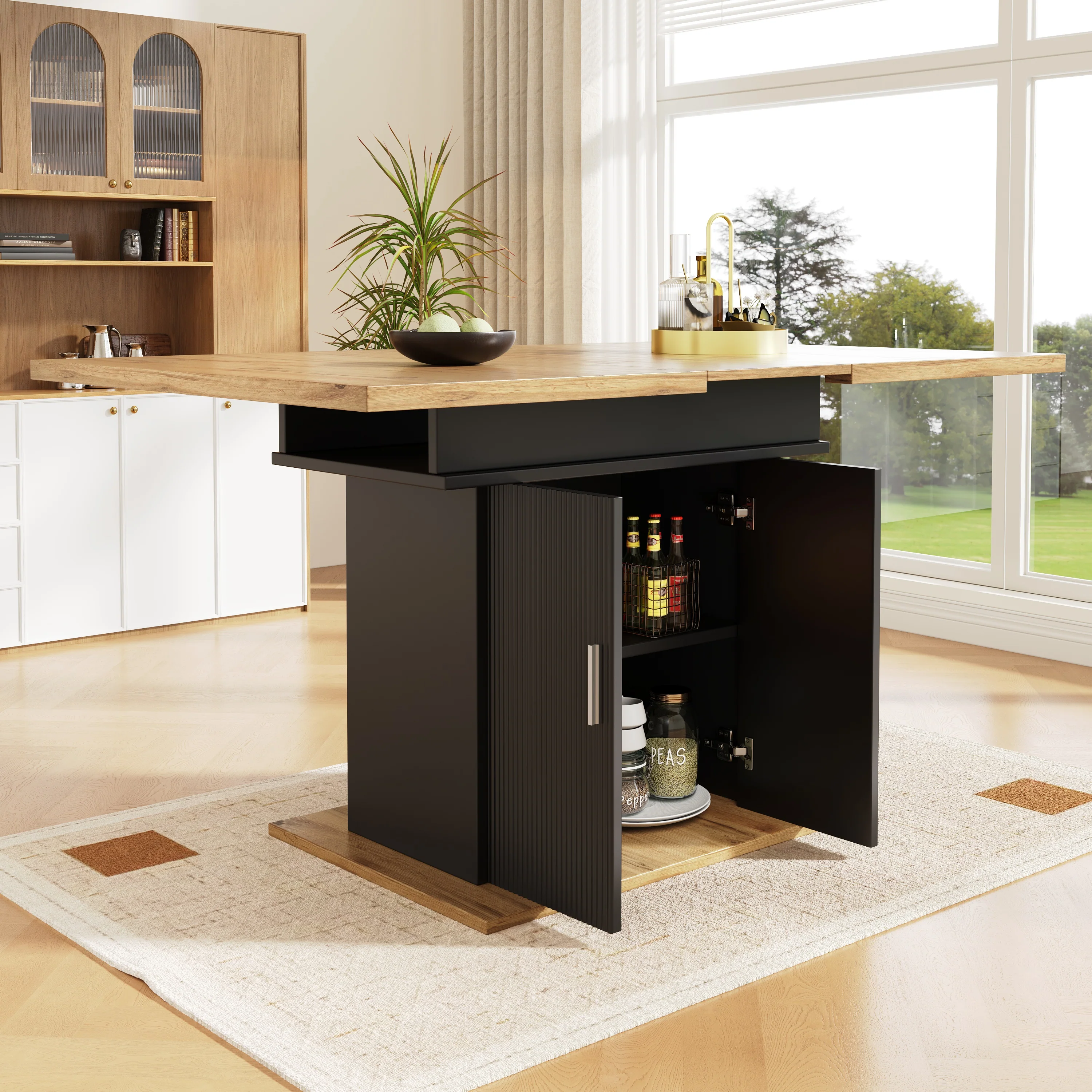 Telescopic Extendable Dining Table 140x70cm Storage Shelf - Natural/Black - Image 2