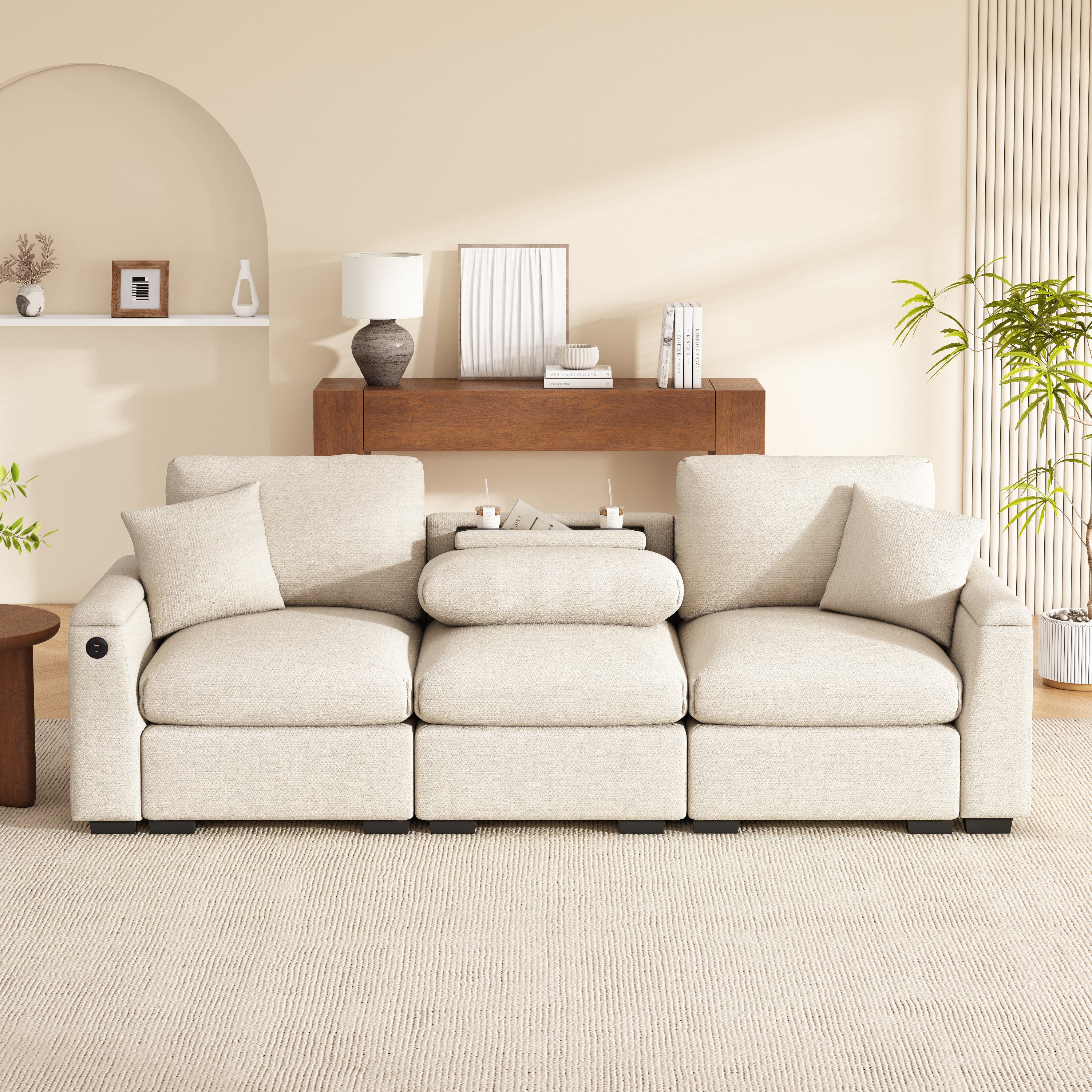 Three-seater Sofa Modern Folding Table USB Port Drink Holder Storage - Chenille - Image 2