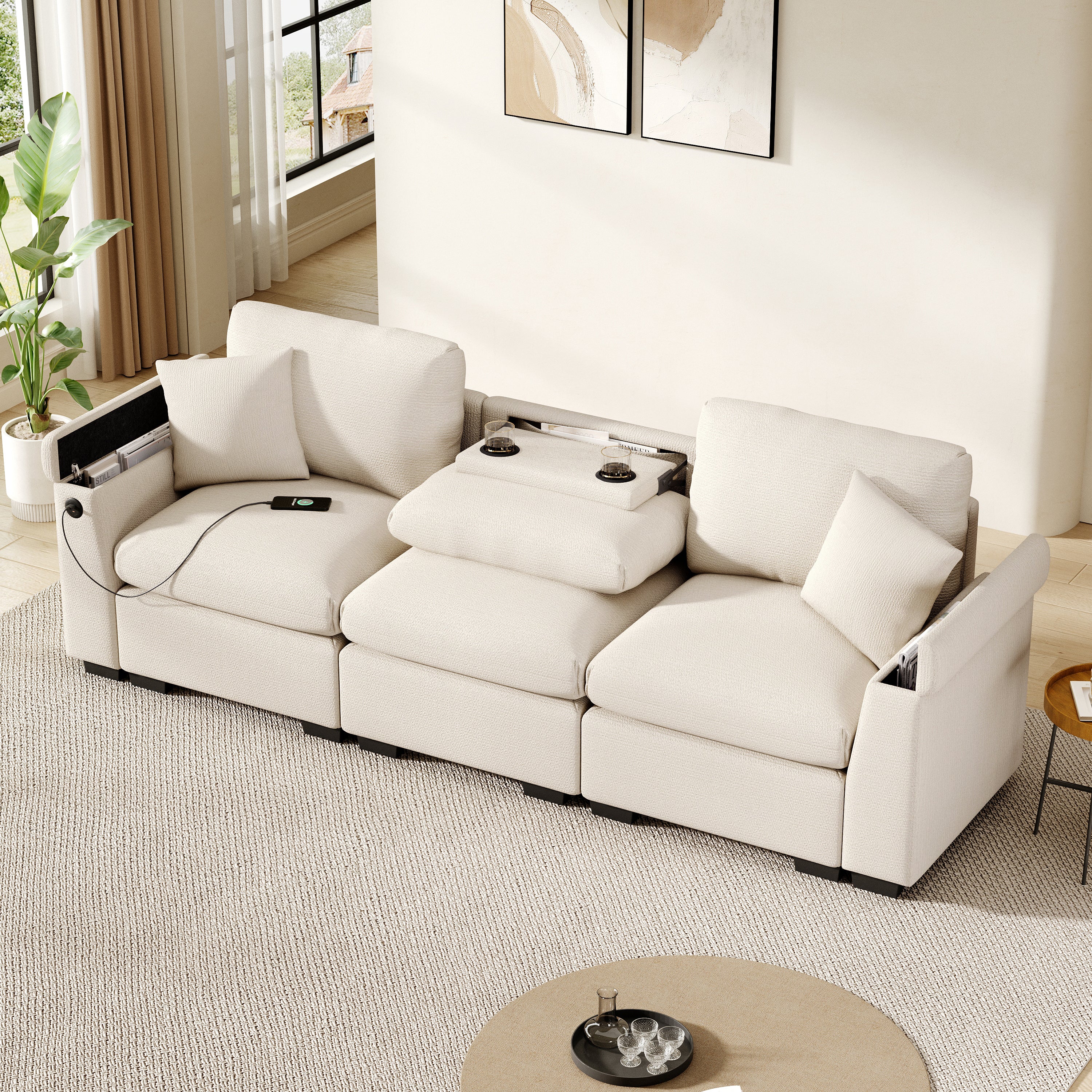 Three-seater Sofa Modern Folding Table USB Port Drink Holder Storage - Chenille - Image 3