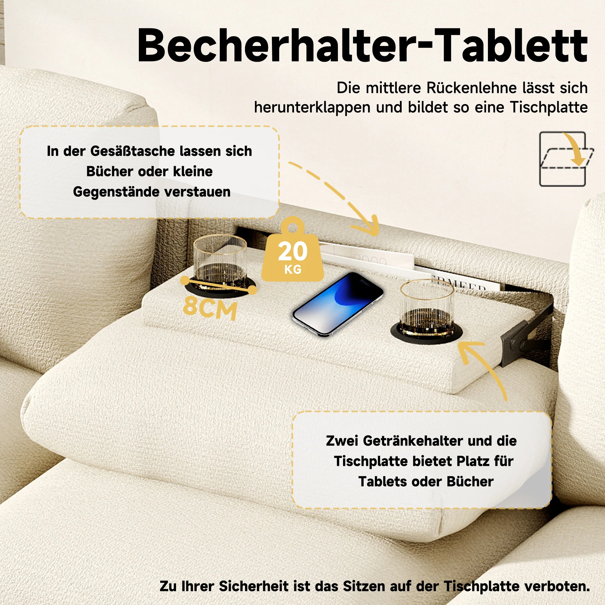 Three-seater Sofa Modern Folding Table USB Port Drink Holder Storage - Chenille - Image 5