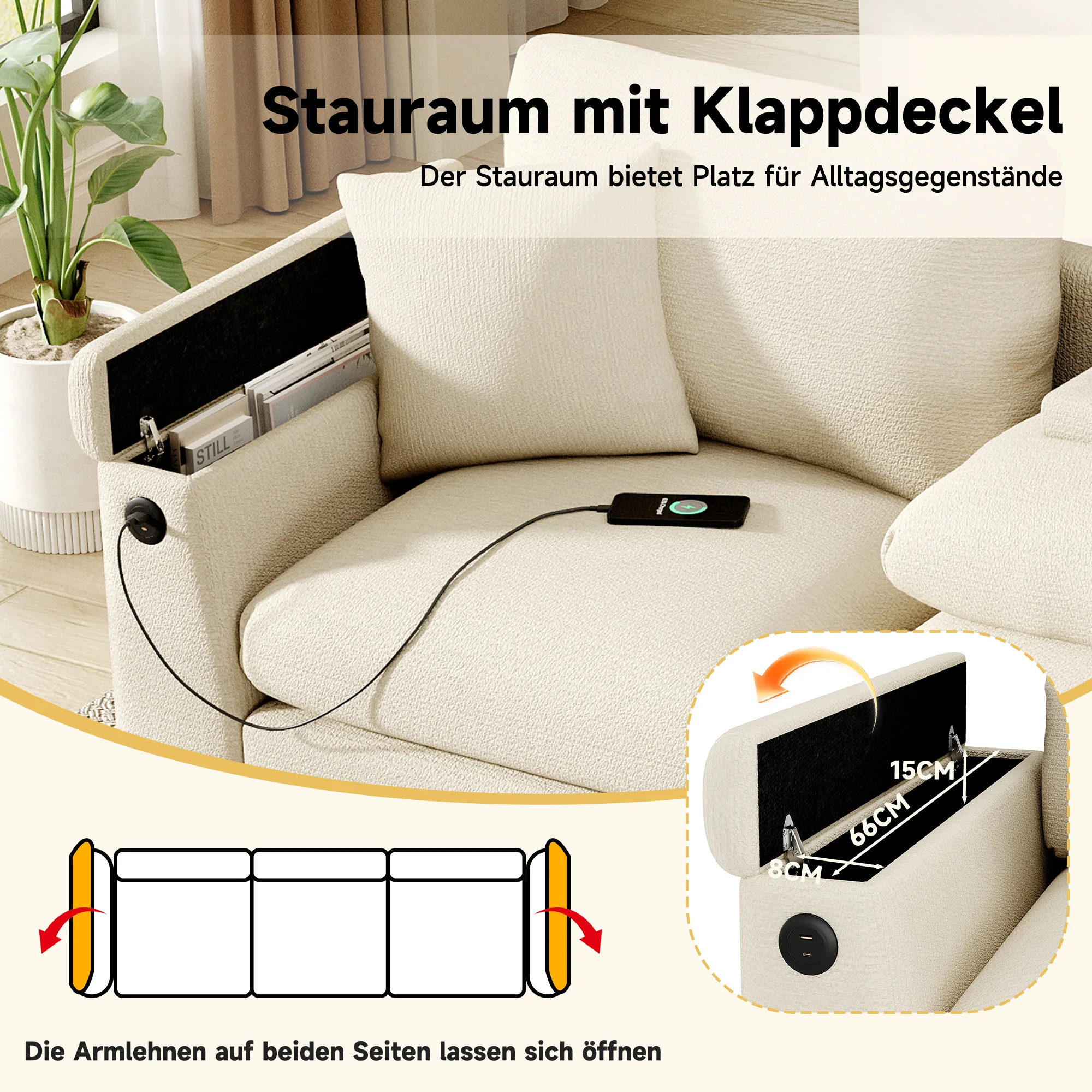 Three-seater Sofa Modern Folding Table USB Port Drink Holder Storage - Chenille - Image 6