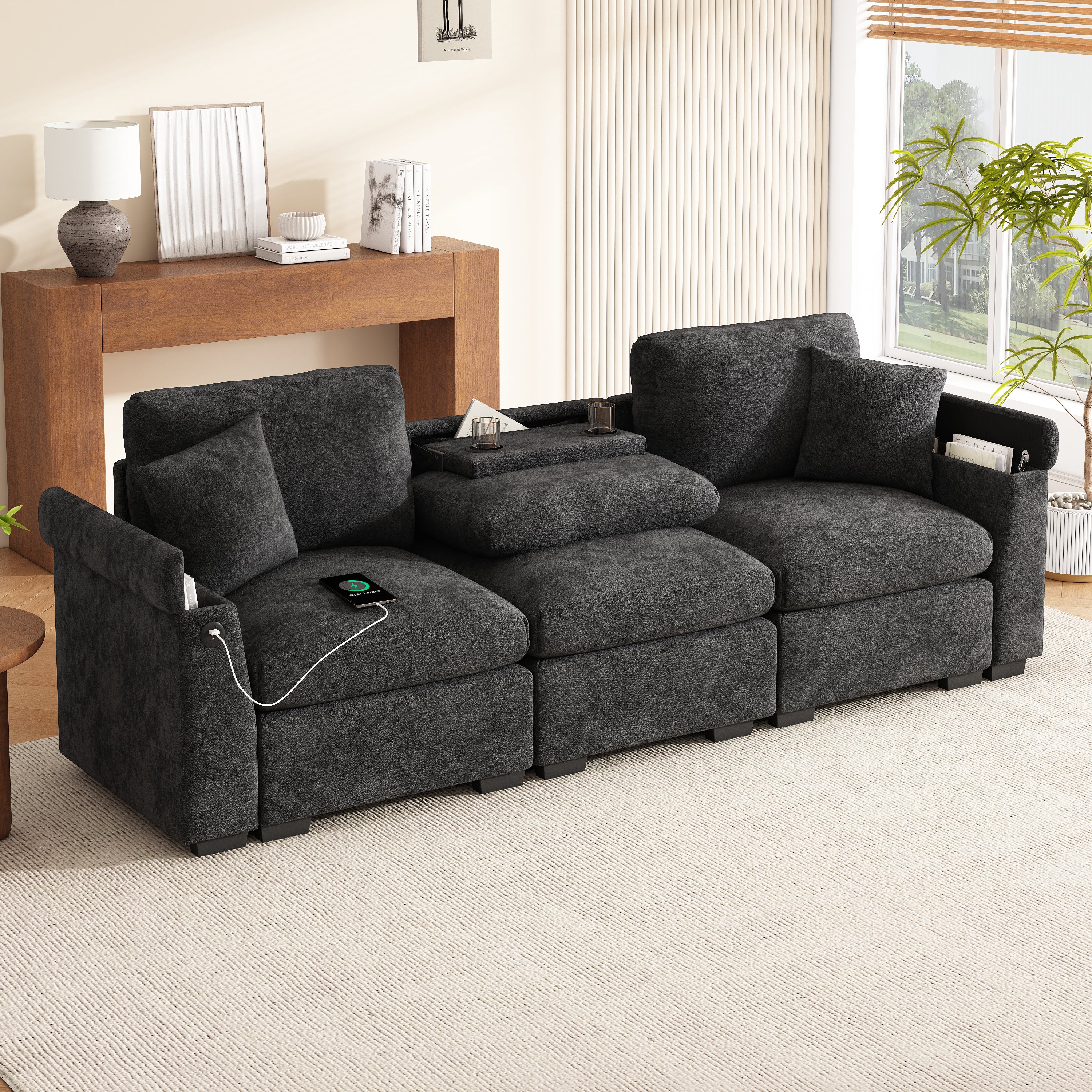Three-Seater Sofa Multifunctional Folding Table USB Storage - Chenille - Image 2