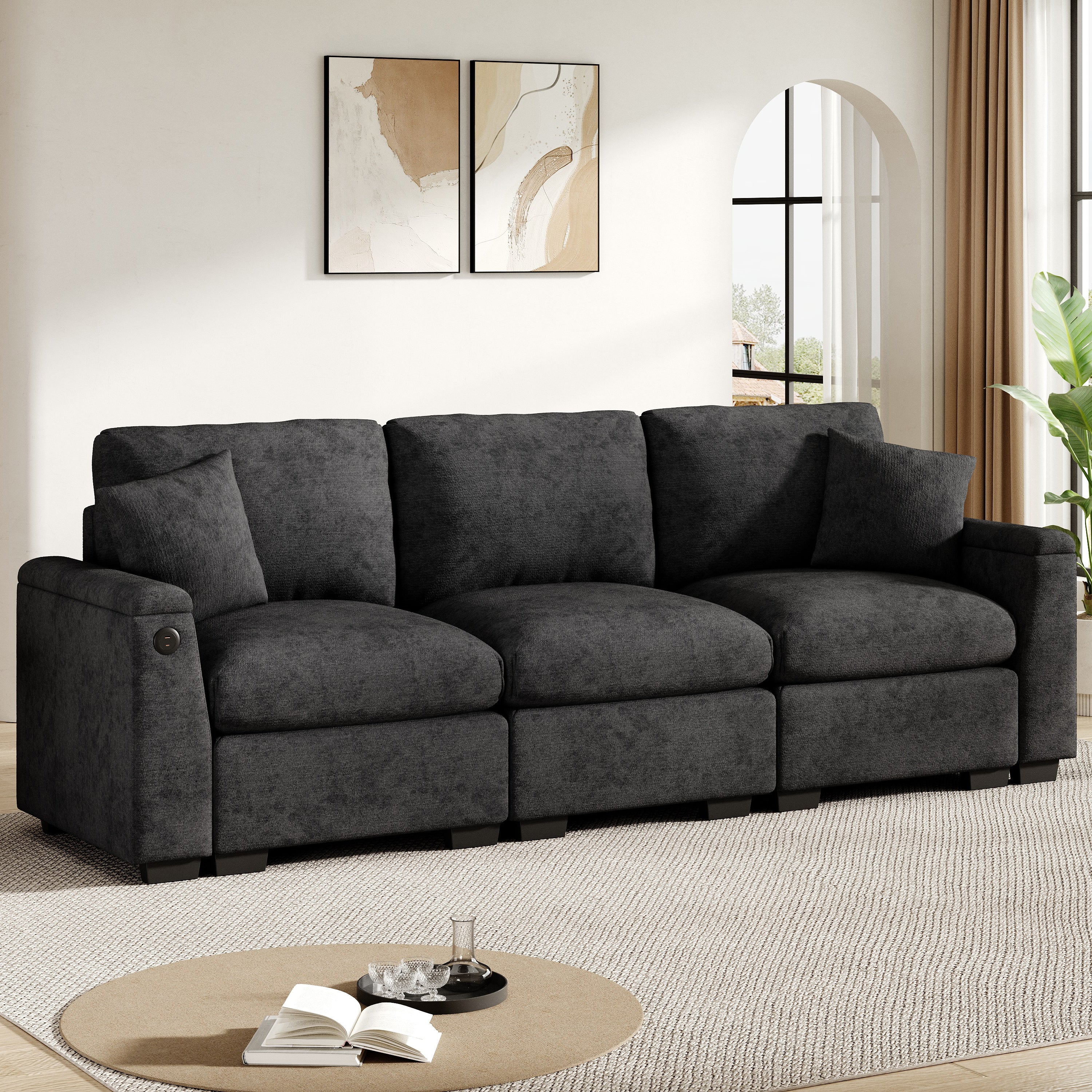 Three-Seater Sofa Multifunctional Folding Table USB Storage - Chenille - Image 3