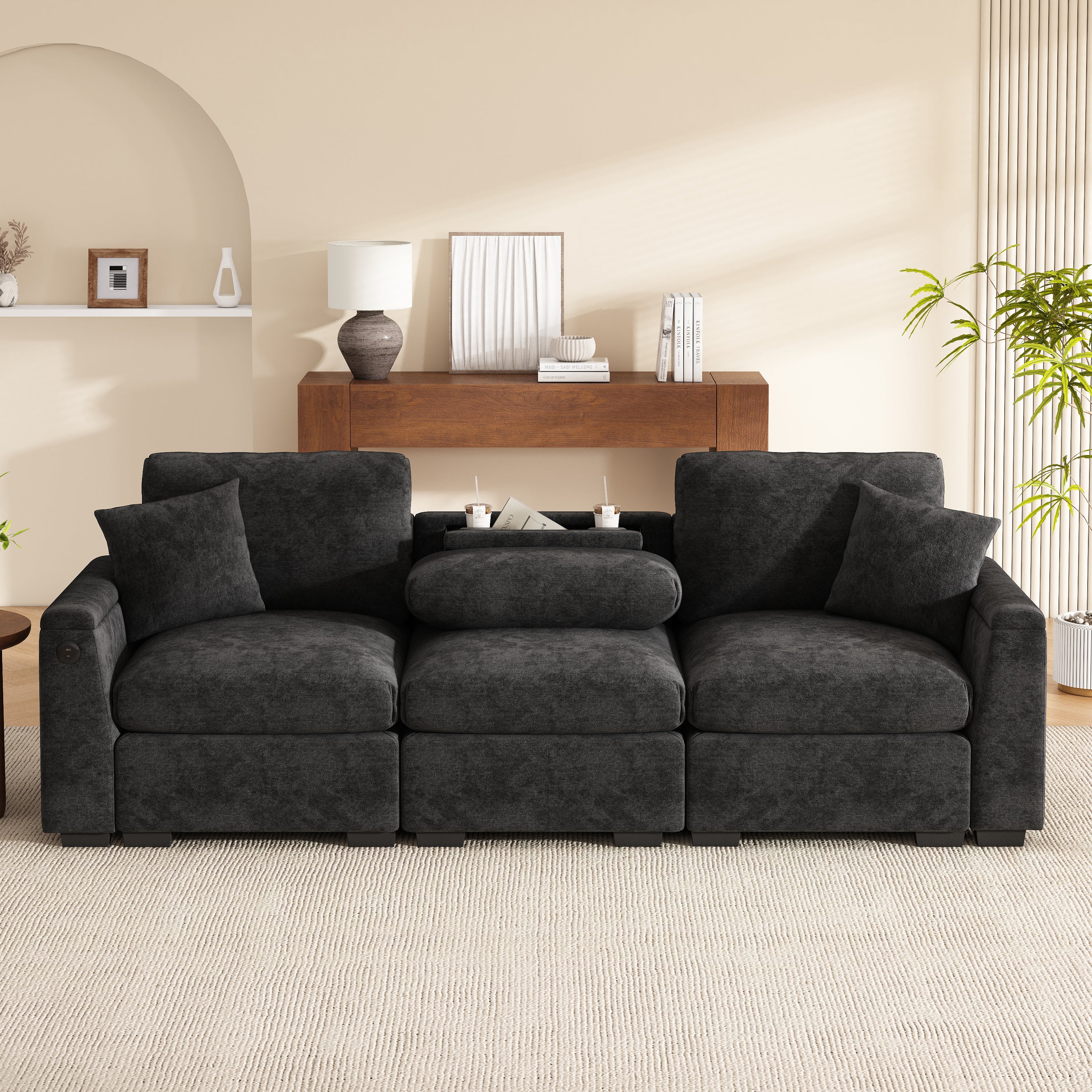 Three-Seater Sofa Multifunctional Folding Table USB Storage - Chenille - Image 4