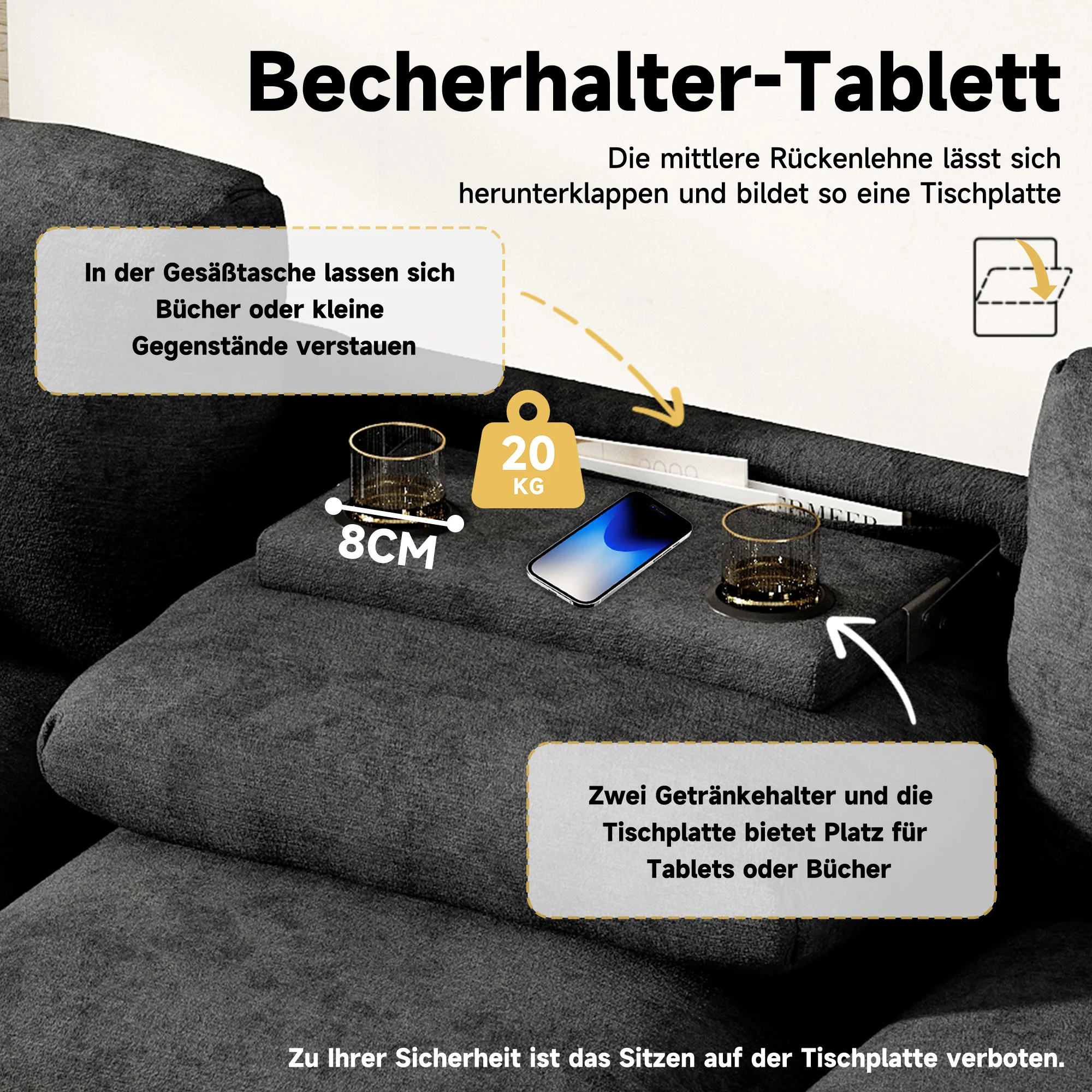 Three-Seater Sofa Multifunctional Folding Table USB Storage - Chenille - Image 5