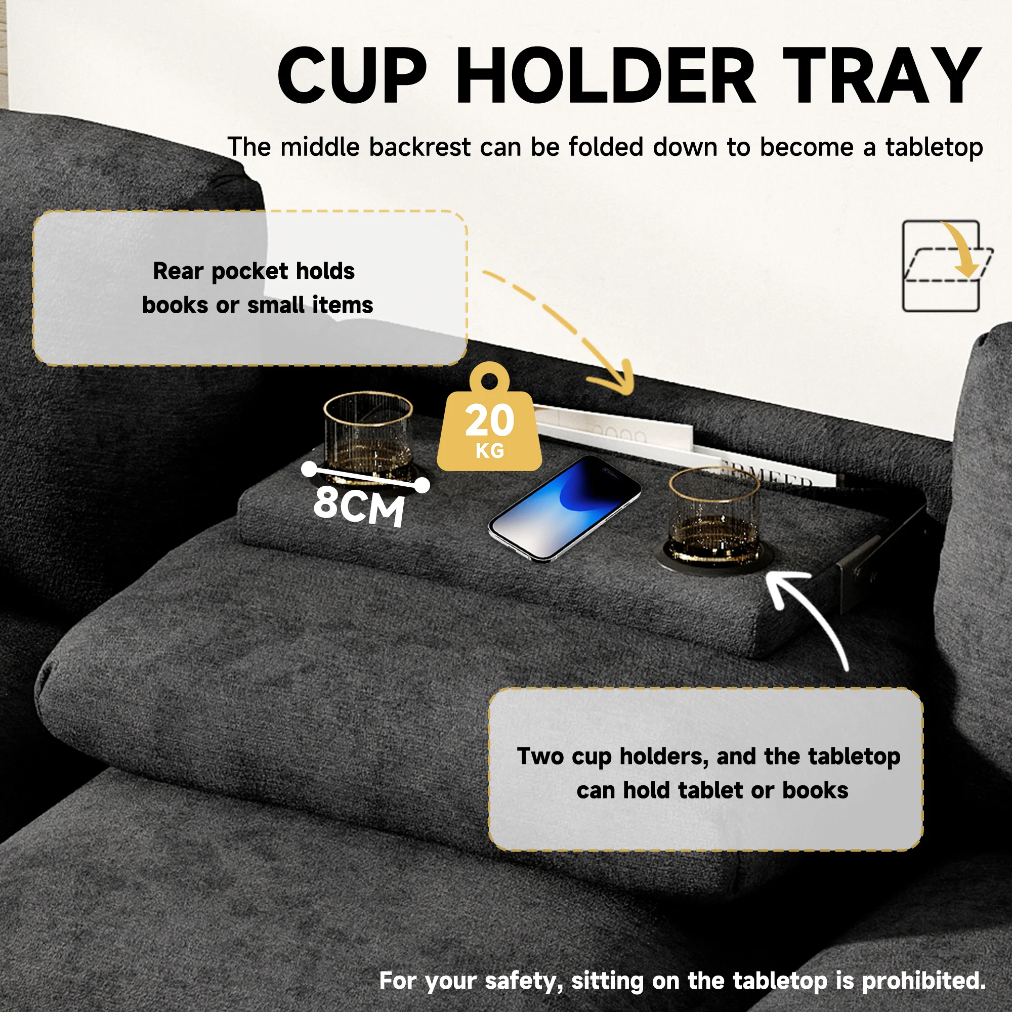 Three-Seater Sofa Multifunctional Folding Table USB Storage - Chenille - Image 7